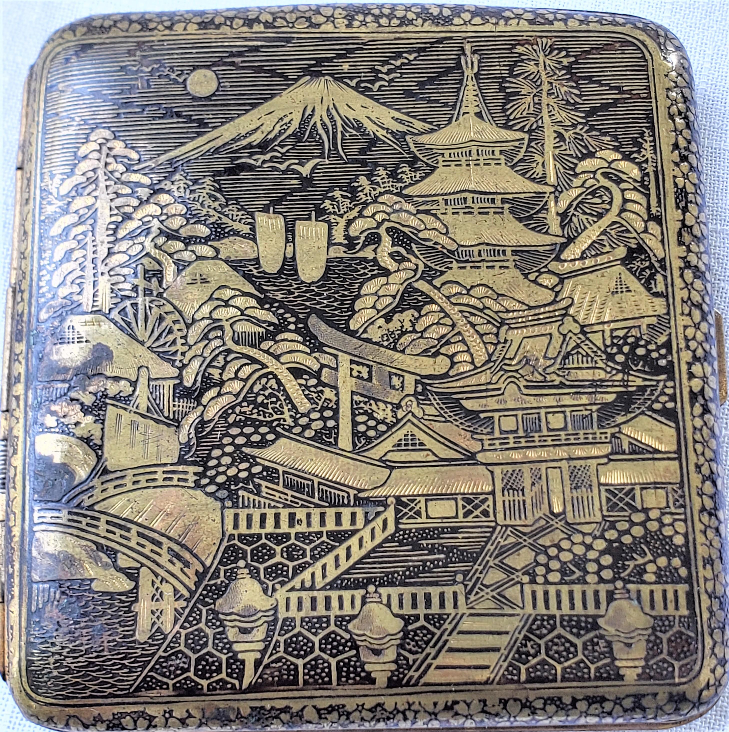 Antique Japanese Damascene Cigarette Case with Ornate Mt. Fuji & Dragon Decor In Good Condition For Sale In Hamilton, Ontario