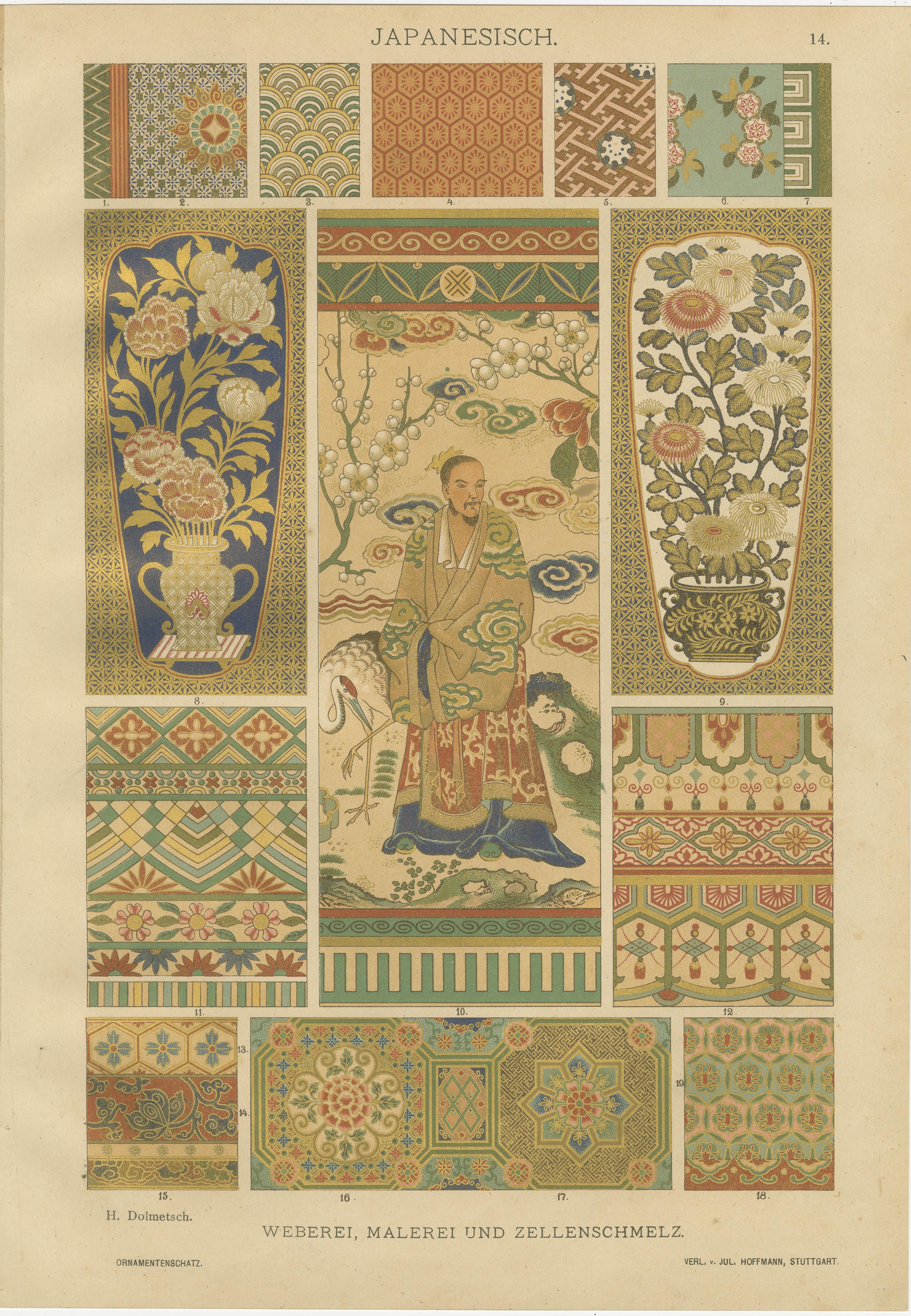 Anciennes estampes d'art décoratif japonais présentant des motifs de laque et de textiles en vente 5
