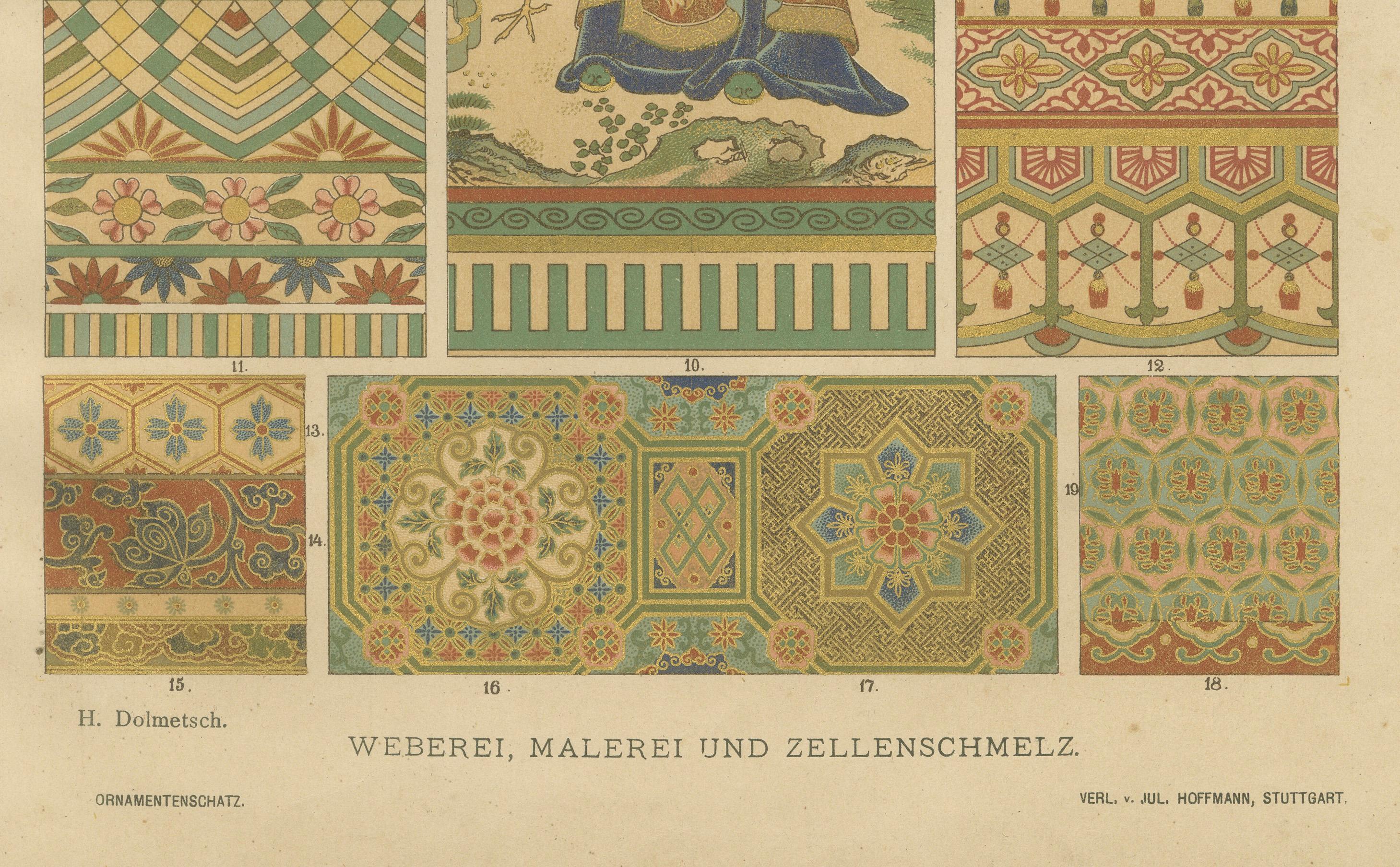 Anciennes estampes d'art décoratif japonais présentant des motifs de laque et de textiles

Cette exquise paire d'estampes anciennes illustre l'élégance géométrique et la richesse ornementale des arts décoratifs japonais traditionnels, tels qu'ils