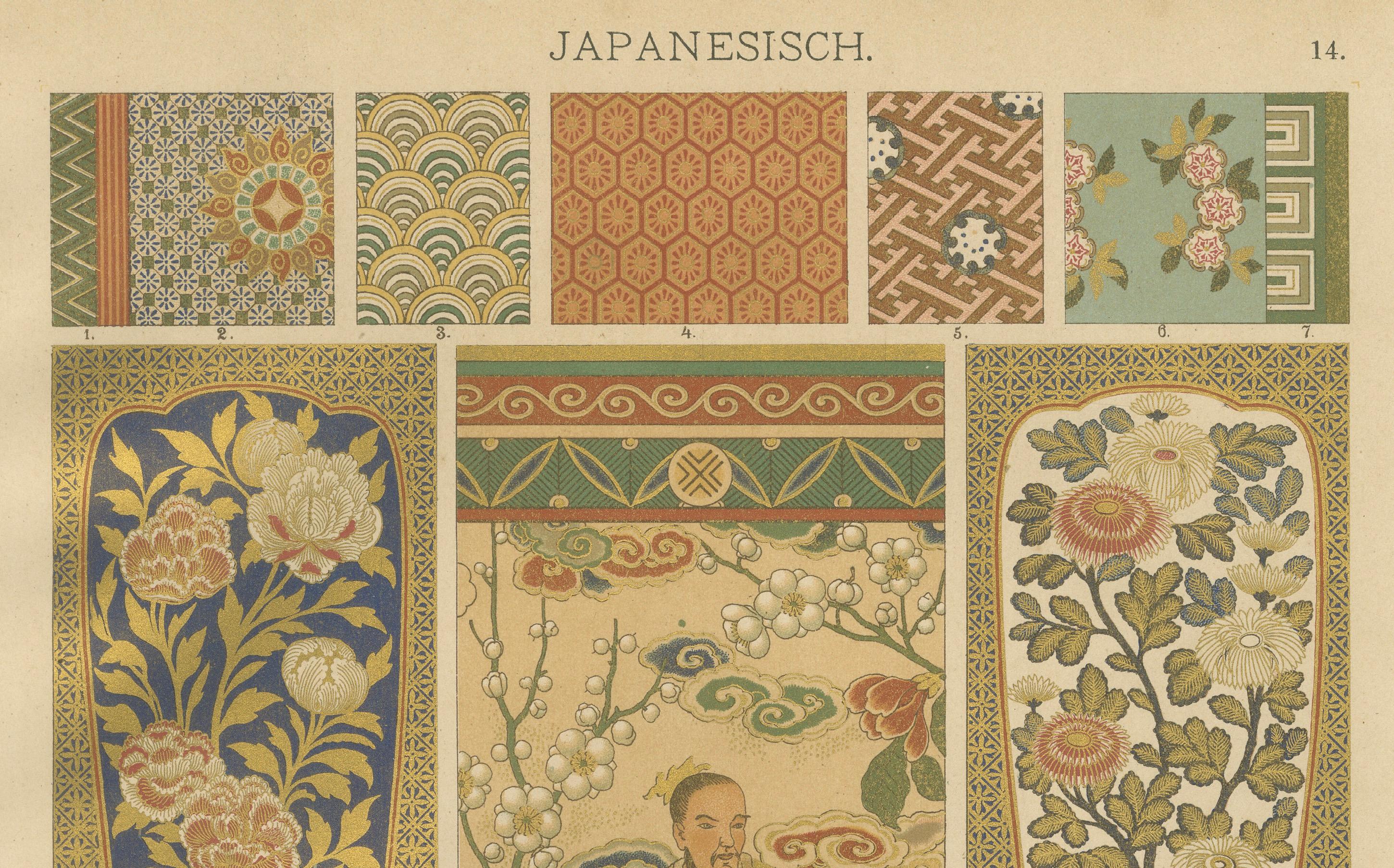 Fin du XIXe siècle Anciennes estampes d'art décoratif japonais présentant des motifs de laque et de textiles en vente
