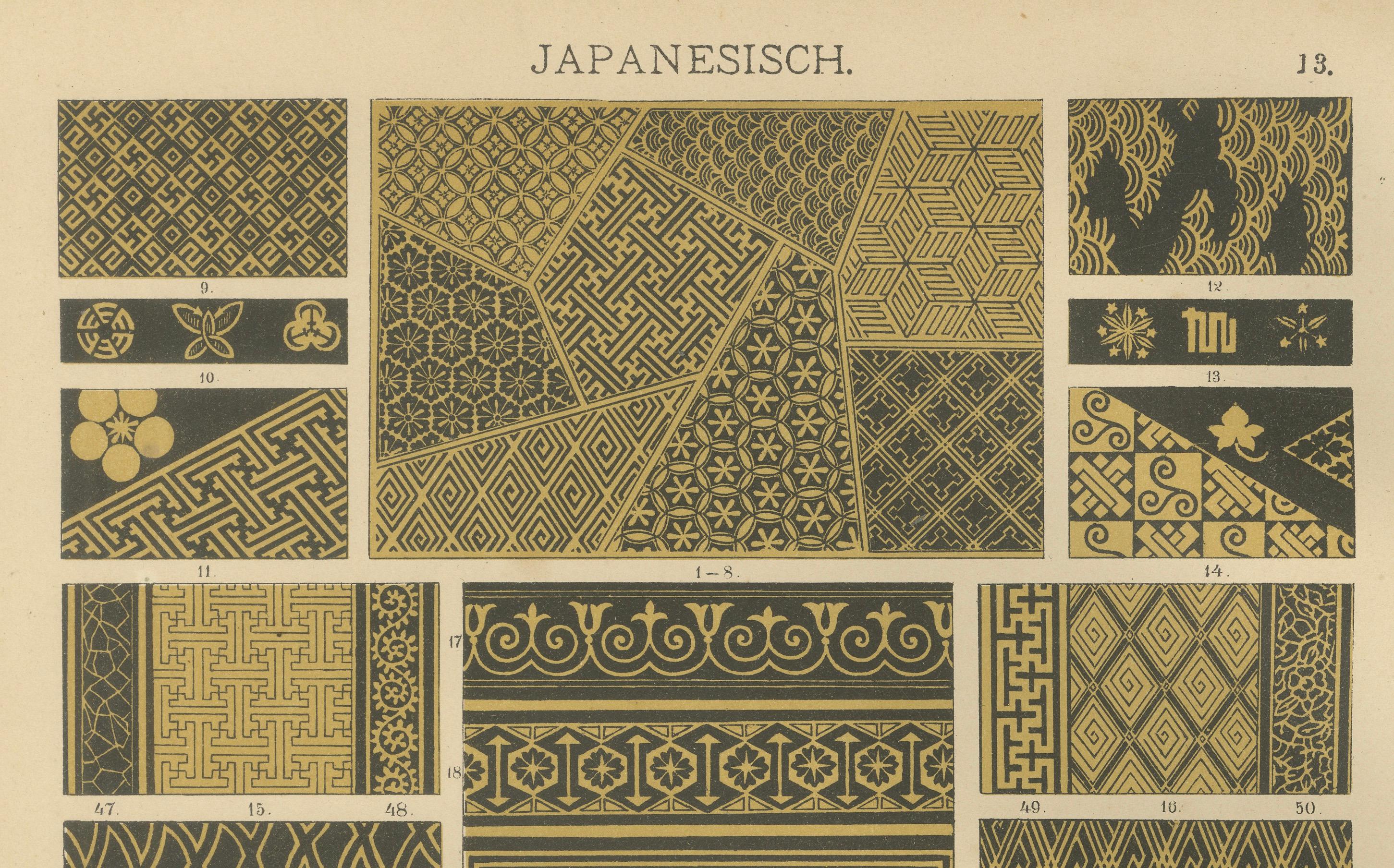 Anciennes estampes d'art décoratif japonais présentant des motifs de laque et de textiles en vente 2