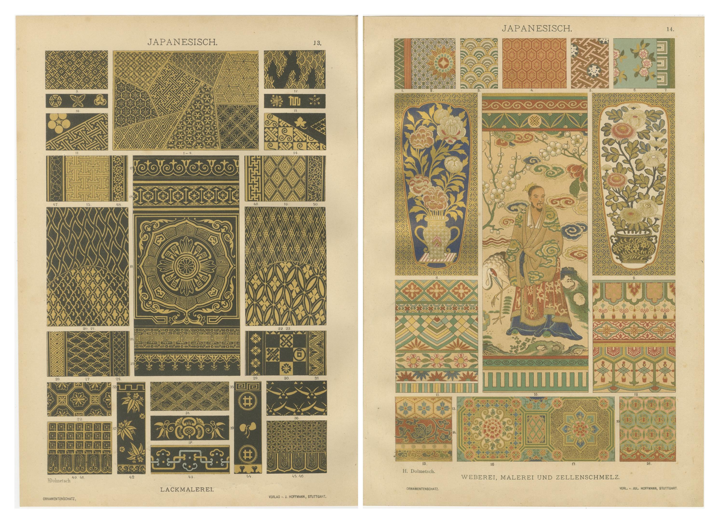 Anciennes estampes d'art décoratif japonais présentant des motifs de laque et de textiles en vente 3