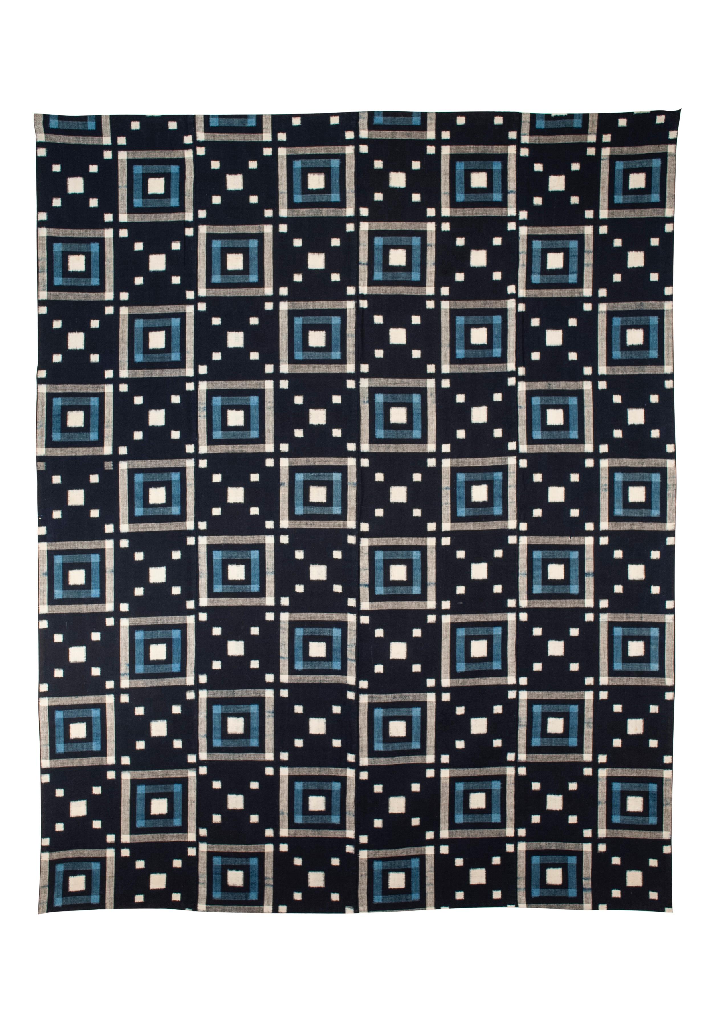 Antique Japanese Double-Ikat Futon Cover

This eye-dazzling hand-spun cotton, indigo-dyed 4-panel futon cover is a classic double ikat design displaying rows of concentric squares intersected by a lattice pattern of resisted white diamonds across a