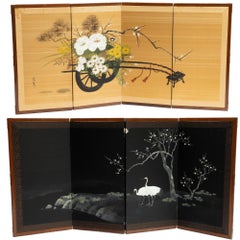 Antique Japanese Double Sided Folding Chamber Screen  19/20th C Japan Cranes