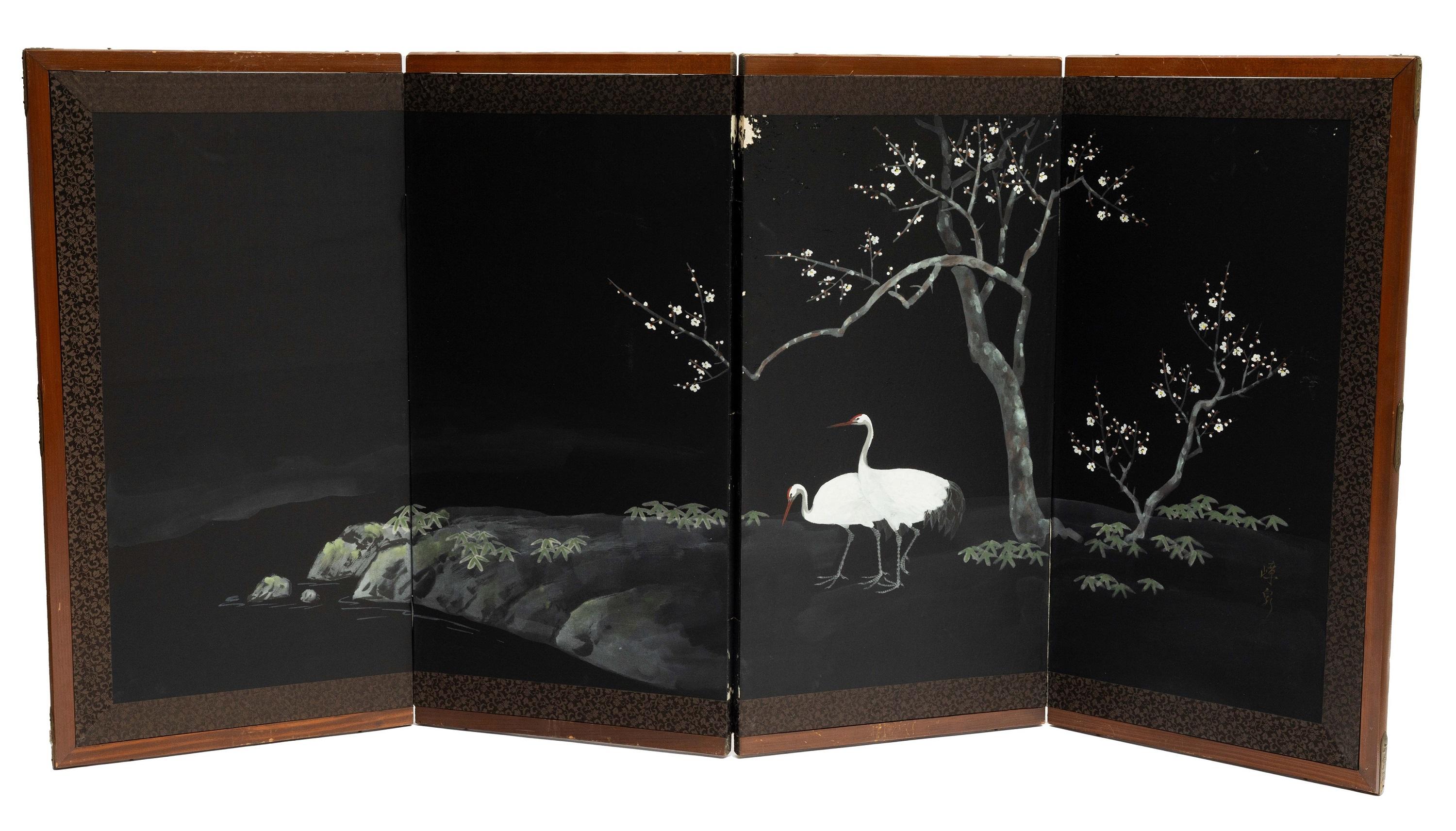 Meiji Antique Japanese Double Sided Folding Chamber Screen  19/20th C Japan Cranes For Sale