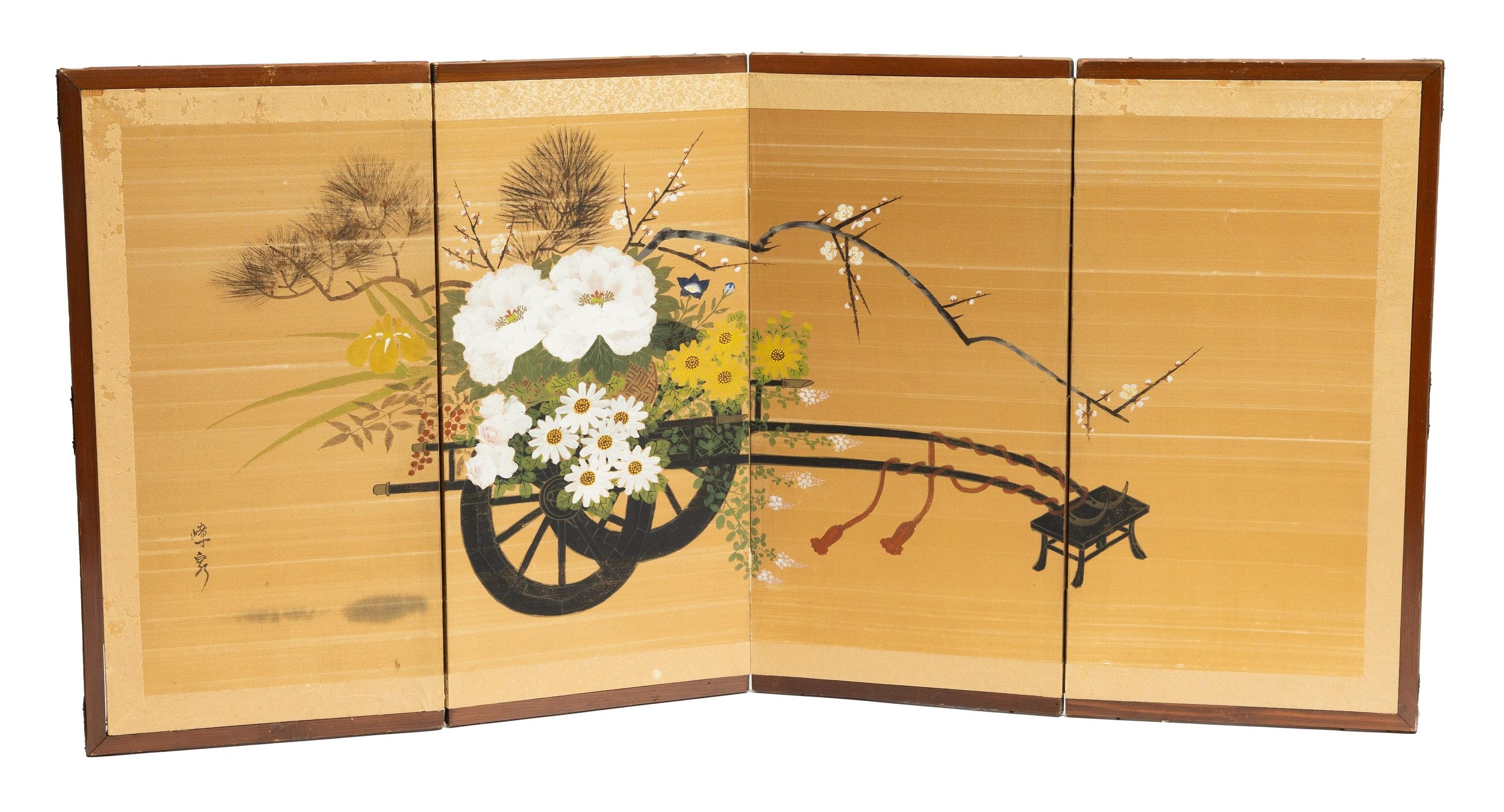 Cloissoné Antique Japanese Double Sided Folding Chamber Screen  19/20th C Japan Cranes For Sale