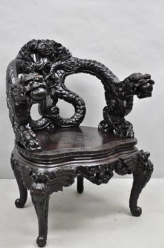 Antique Japanese Dragon Carved Wood Export Oriental Palace Lounge Arm Chair