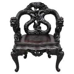 Antique Japanese Dragon Carved Wood Export Oriental Palace Lounge Arm Chair