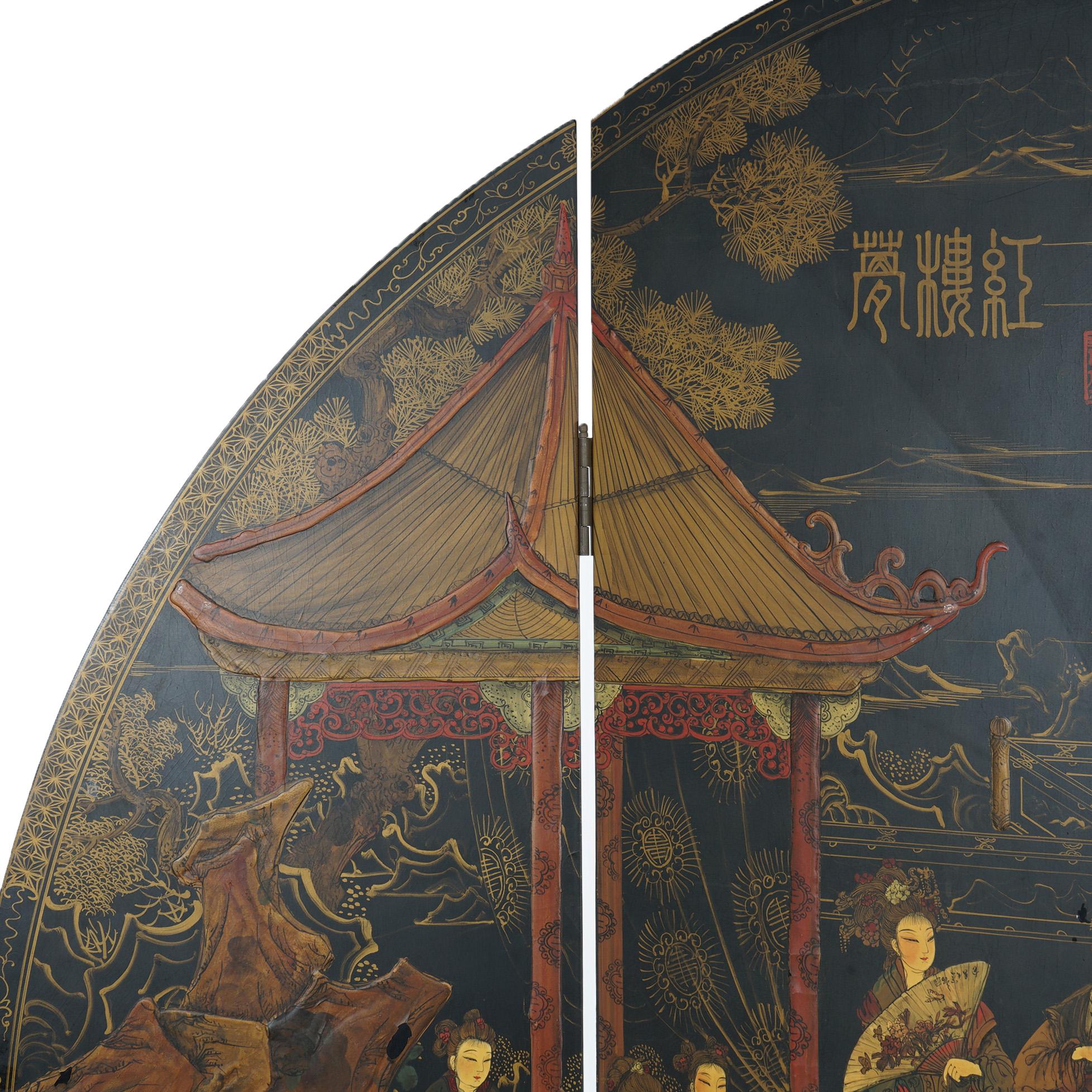 Antique Japanese Ebonized Chinoiserie Decorated Four-Panel Circular Screen C1920 For Sale 4