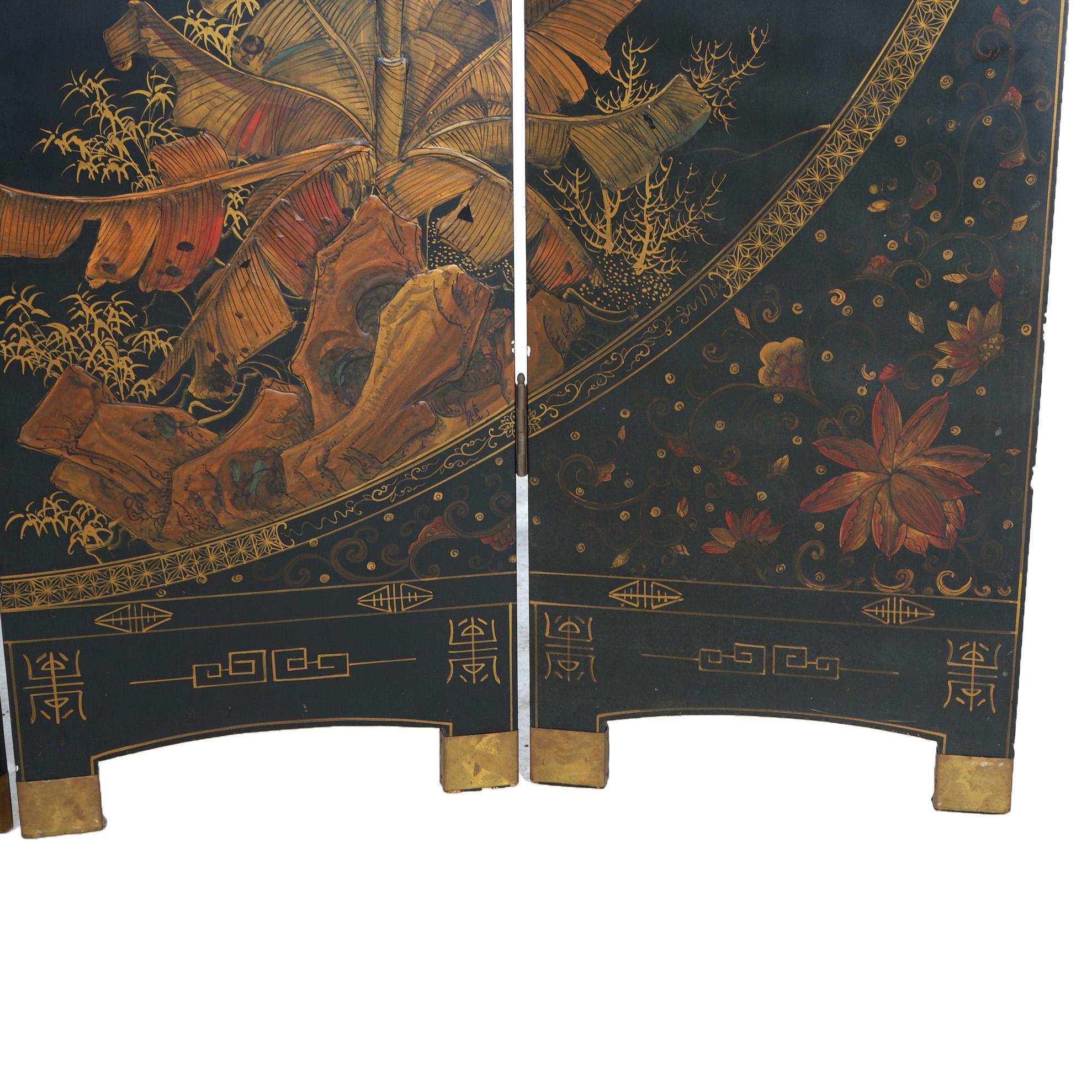 Antique Japanese Ebonized Chinoiserie Decorated Four-Panel Circular Screen C1920 For Sale 5