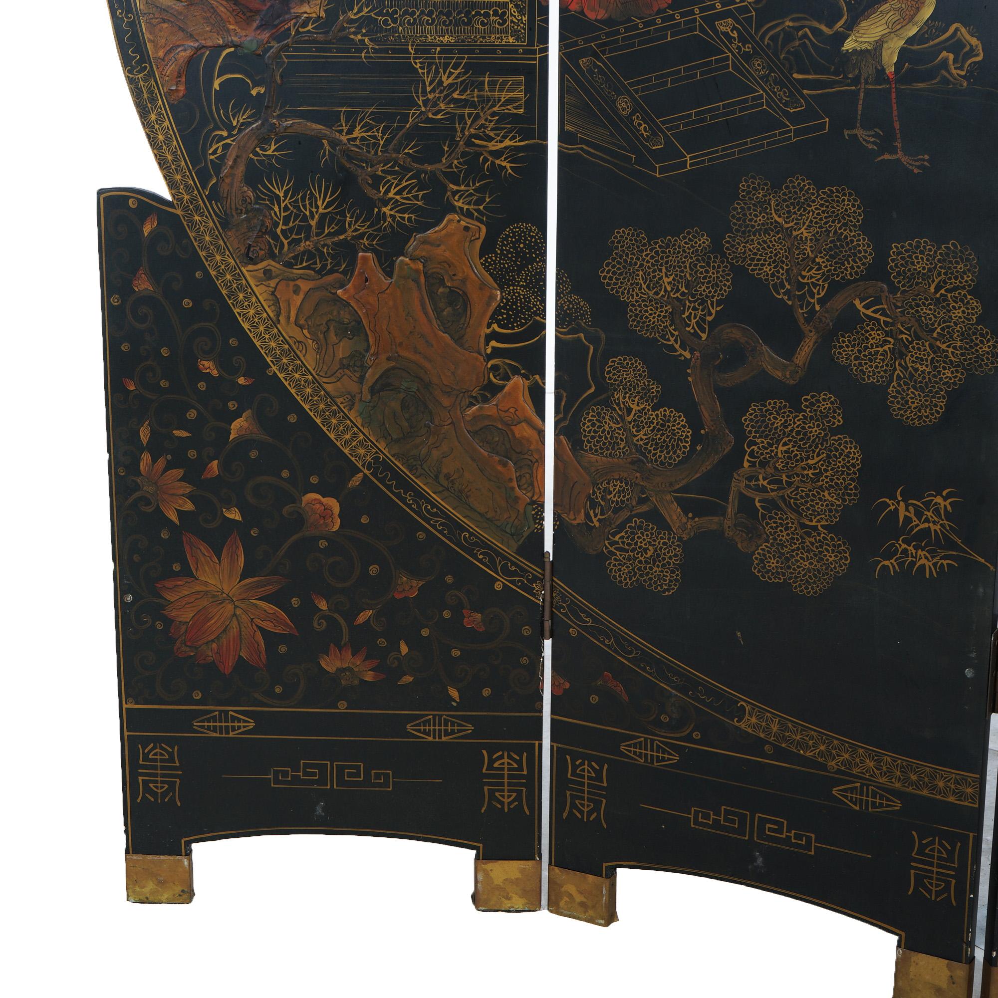 ***Ask About Reduced In-House Delivery Rates - Reliable Professional Service & Fully Insured***
Antique Japanese Ebonized Chinoiserie Decorated Four-Panel Circular Screen with Continuous Genre Screen having Figures, en Verso Characters,