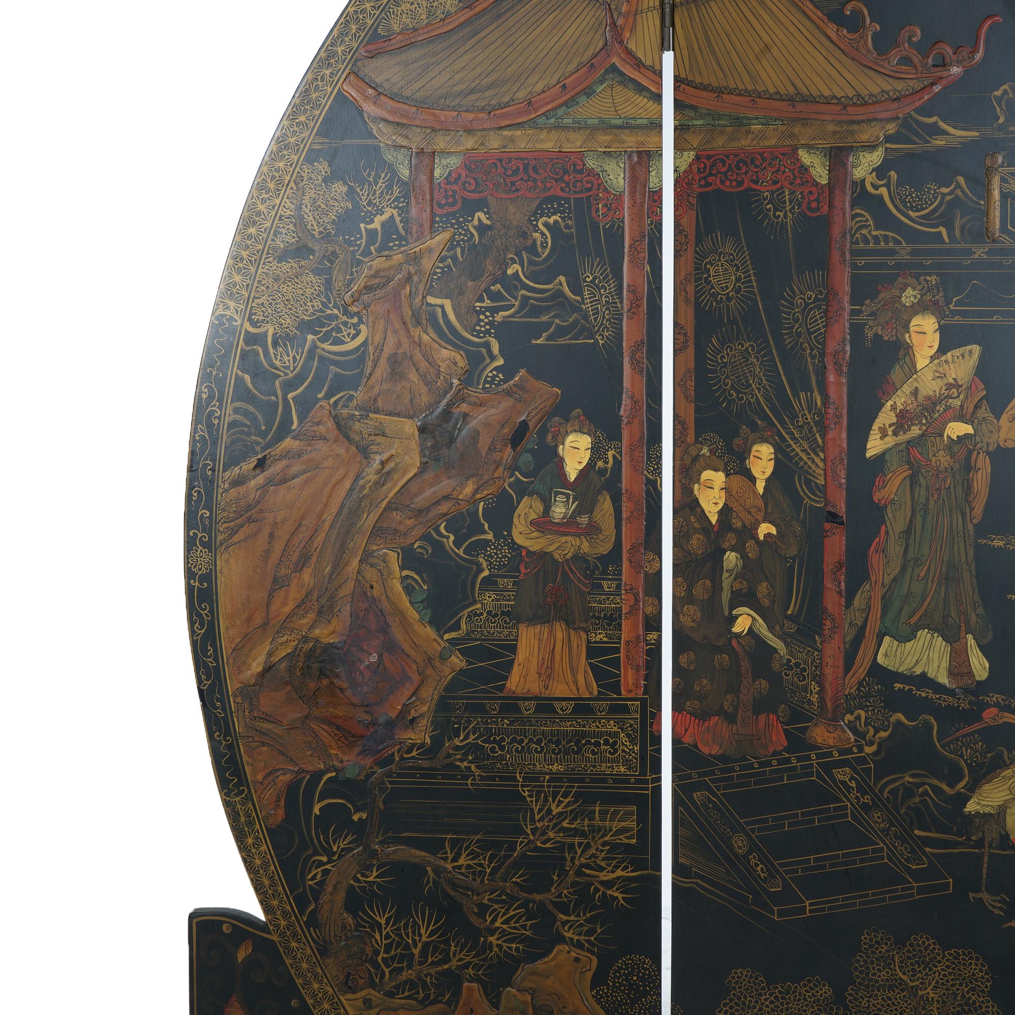 Hand-Painted Antique Japanese Ebonized Chinoiserie Decorated Four-Panel Circular Screen C1920