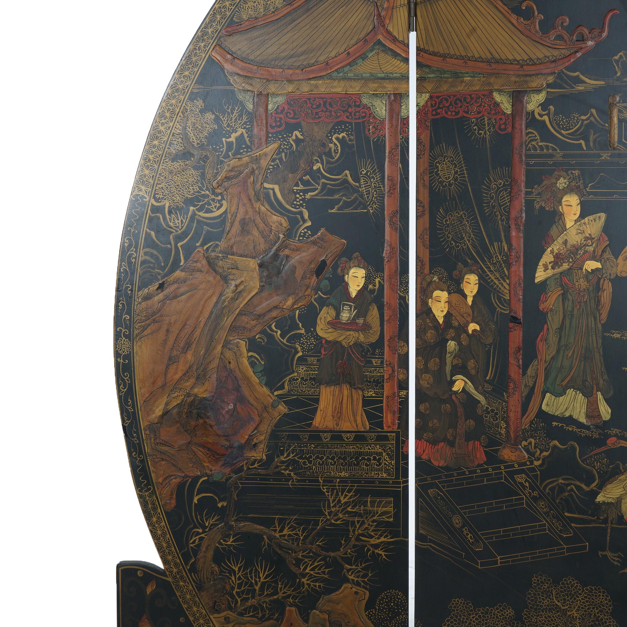 Hand-Painted Antique Japanese Ebonized Chinoiserie Decorated Four-Panel Circular Screen C1920 For Sale