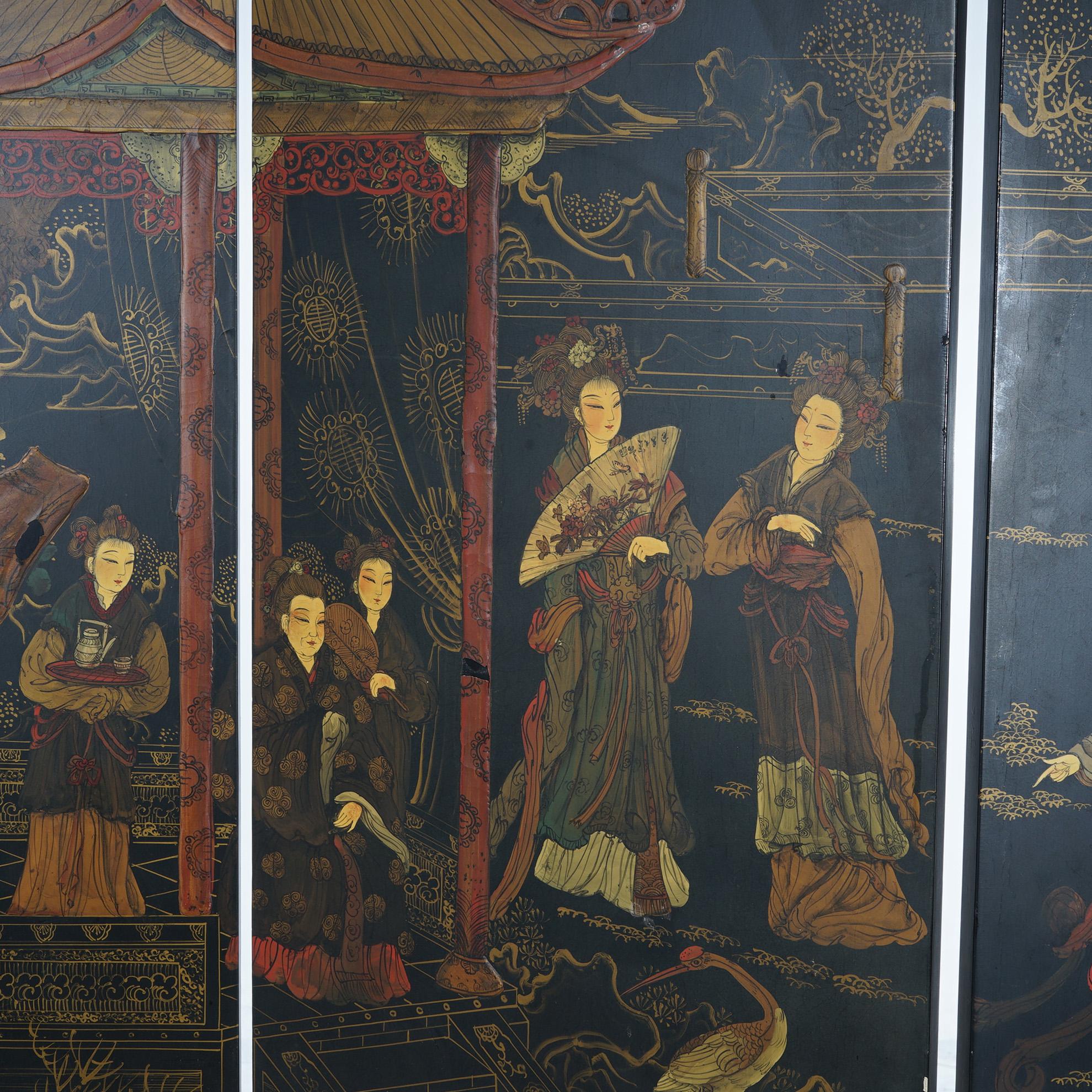 Antique Japanese Ebonized Chinoiserie Decorated Four-Panel Circular Screen C1920 In Good Condition For Sale In Big Flats, NY