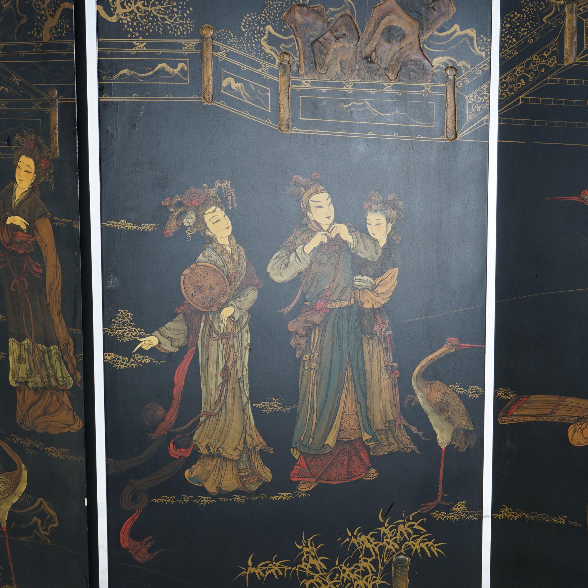 20th Century Antique Japanese Ebonized Chinoiserie Decorated Four-Panel Circular Screen C1920 For Sale