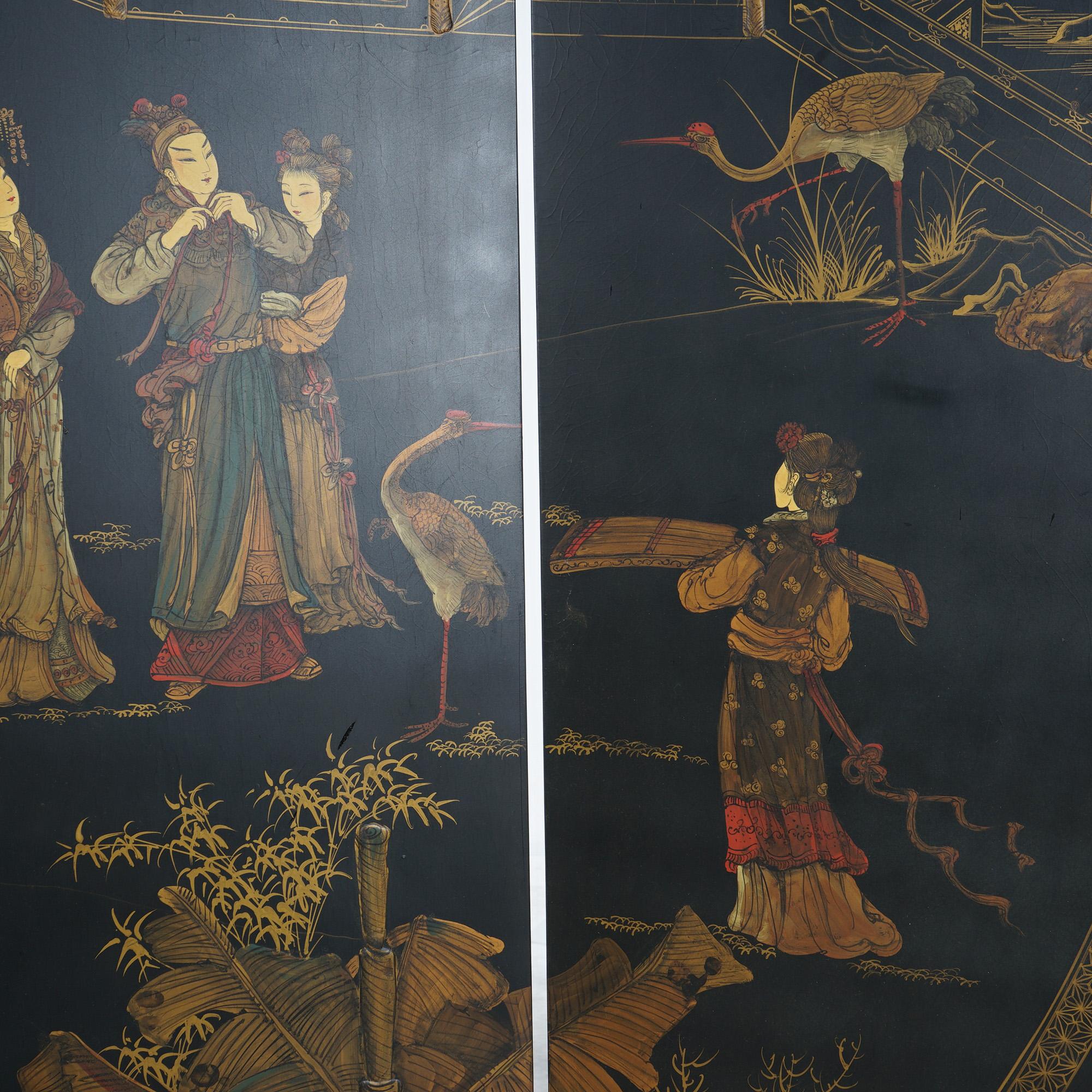 Wood Antique Japanese Ebonized Chinoiserie Decorated Four-Panel Circular Screen C1920 For Sale