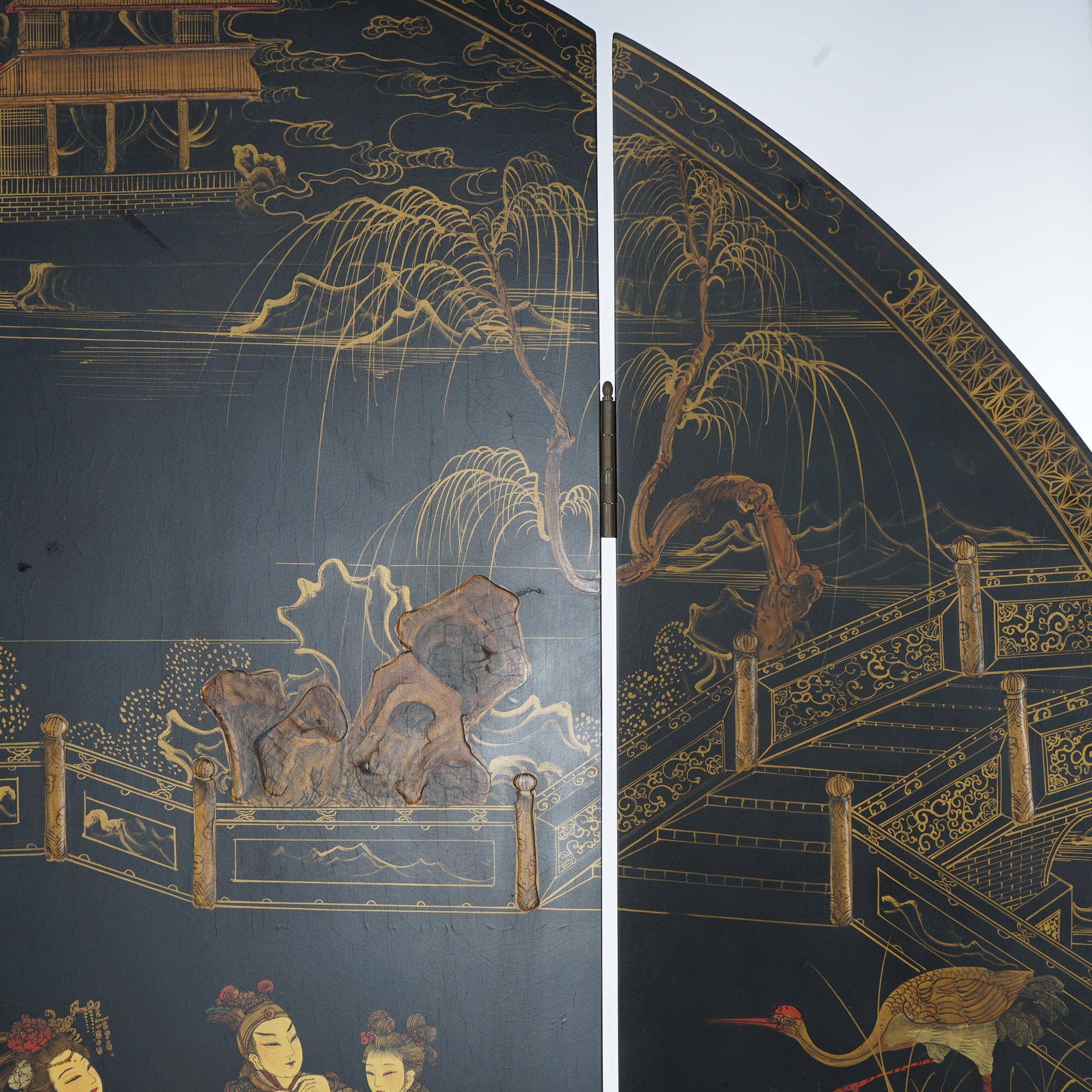 Antique Japanese Ebonized Chinoiserie Decorated Four-Panel Circular Screen C1920 For Sale 1