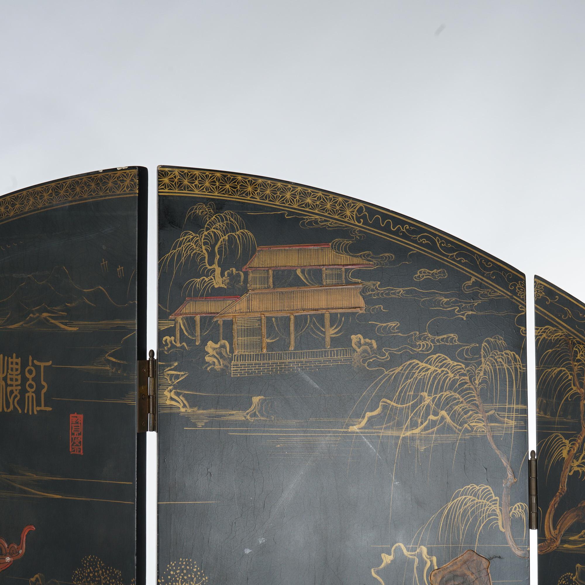 Antique Japanese Ebonized Chinoiserie Decorated Four-Panel Circular Screen C1920 For Sale 2