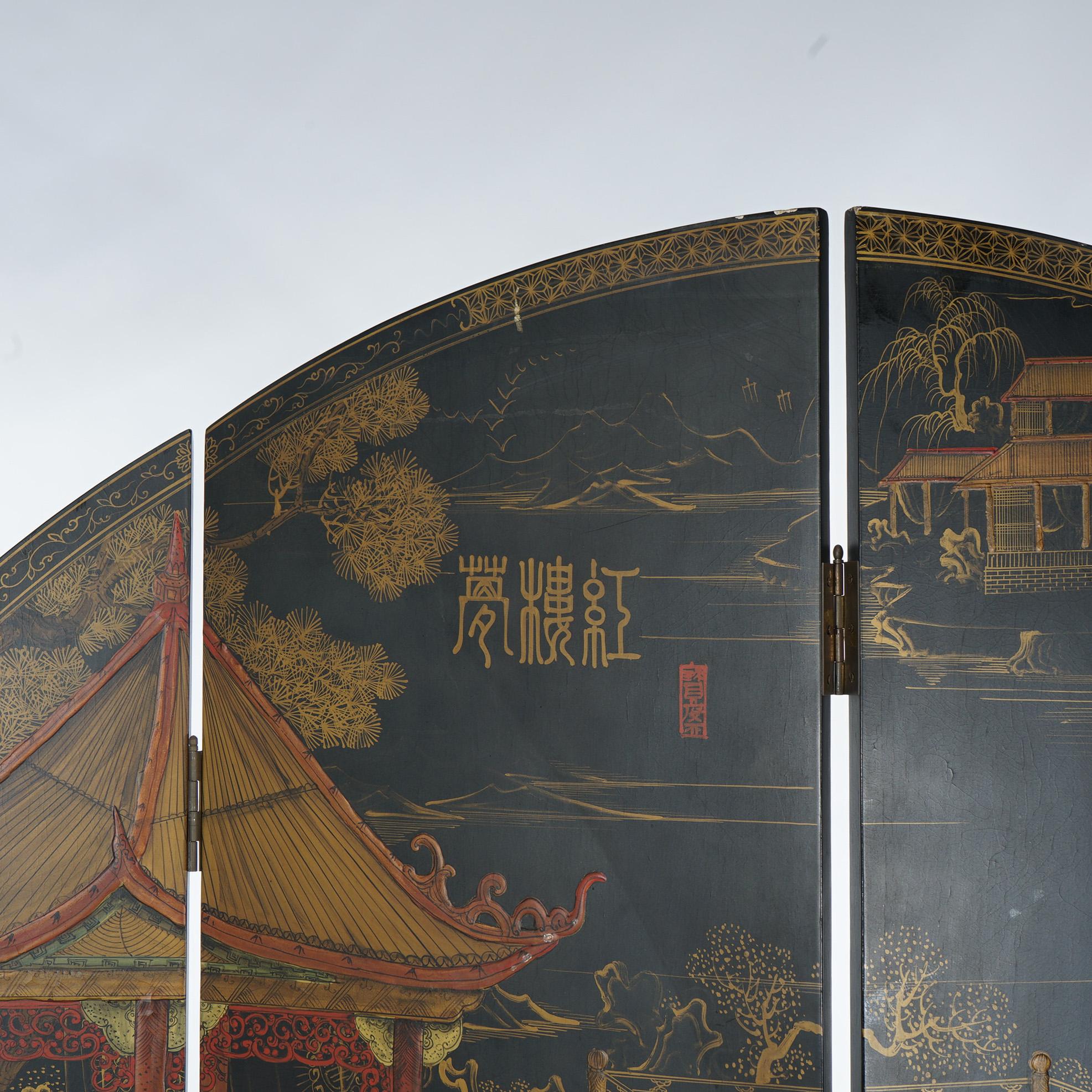 Antique Japanese Ebonized Chinoiserie Decorated Four-Panel Circular Screen C1920 For Sale 3
