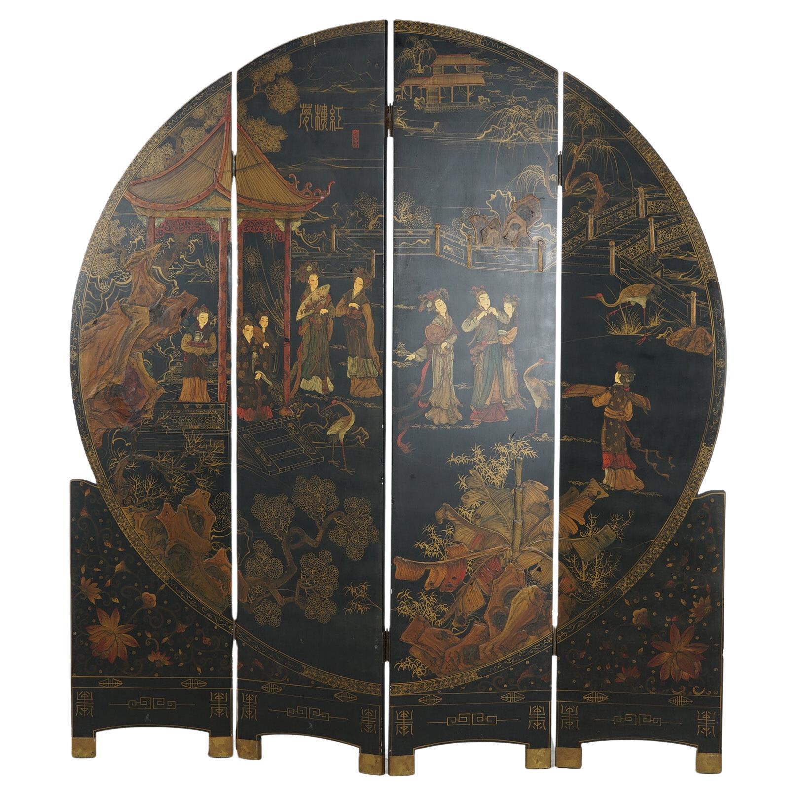 Antique Japanese Ebonized Chinoiserie Decorated Four-Panel Circular Screen C1920 For Sale