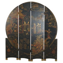 Antique écran circulaire japonais à quatre panneaux décoré de chinoiserie ébénisée C1920