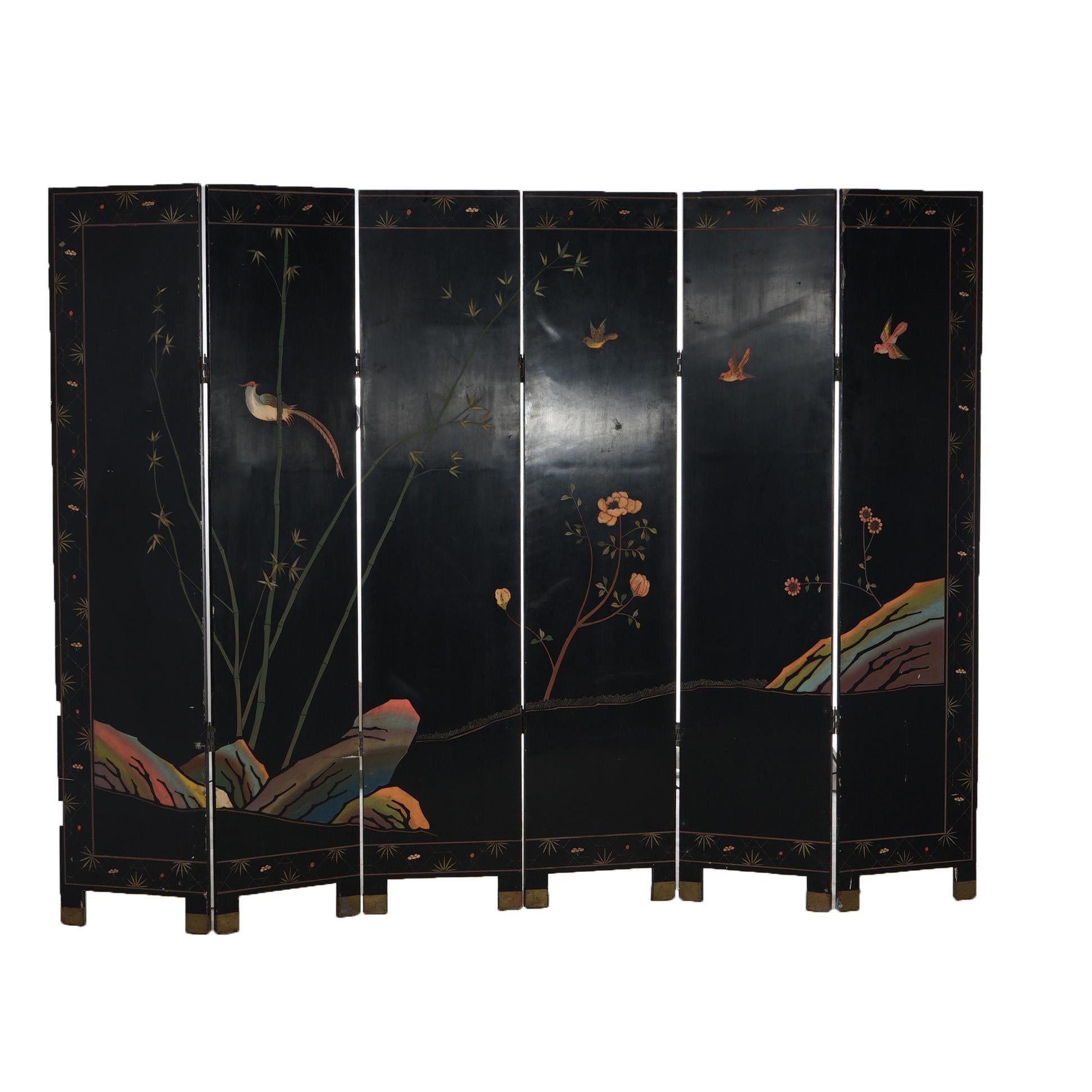 Antique Japanese Ebonized & Gilt Chinoiserie Decorated Six-Panel Screen c1920 For Sale 5