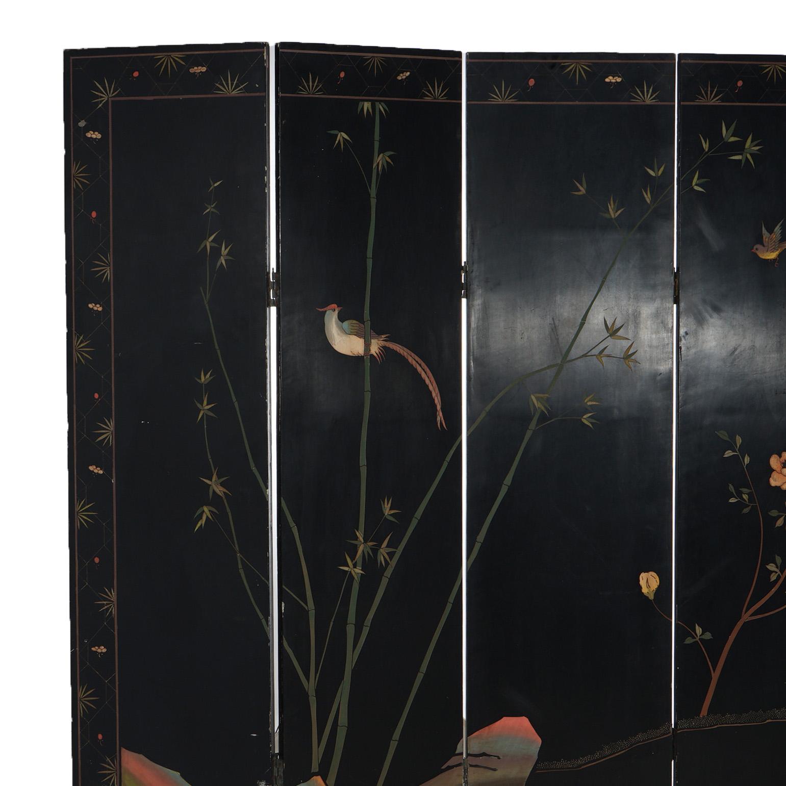 Antiker japanischer ebonisierter und vergoldeter Chinoiserie-Raumteiler mit sechs Paneelen, um 1920 im Angebot 5