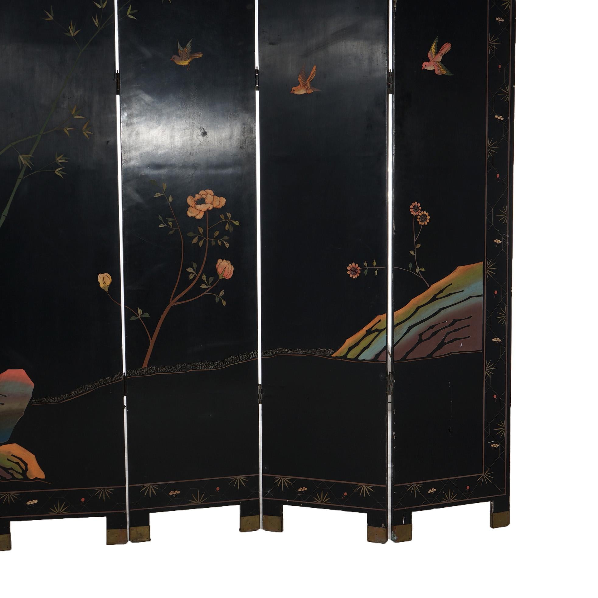 Antique Japanese Ebonized & Gilt Chinoiserie Decorated Six-Panel Screen c1920 For Sale 7