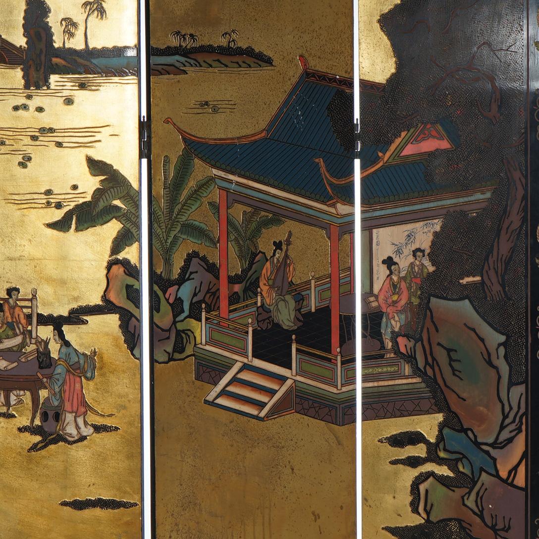 ***Ask About Reduced In-House Delivery Rates - Reliable Professional Service & Fully Insured***
An antique Japanese Chinoiserie screen offers six ebonized and gilt decorated panels with a continuous village genre scene with figures and en verso