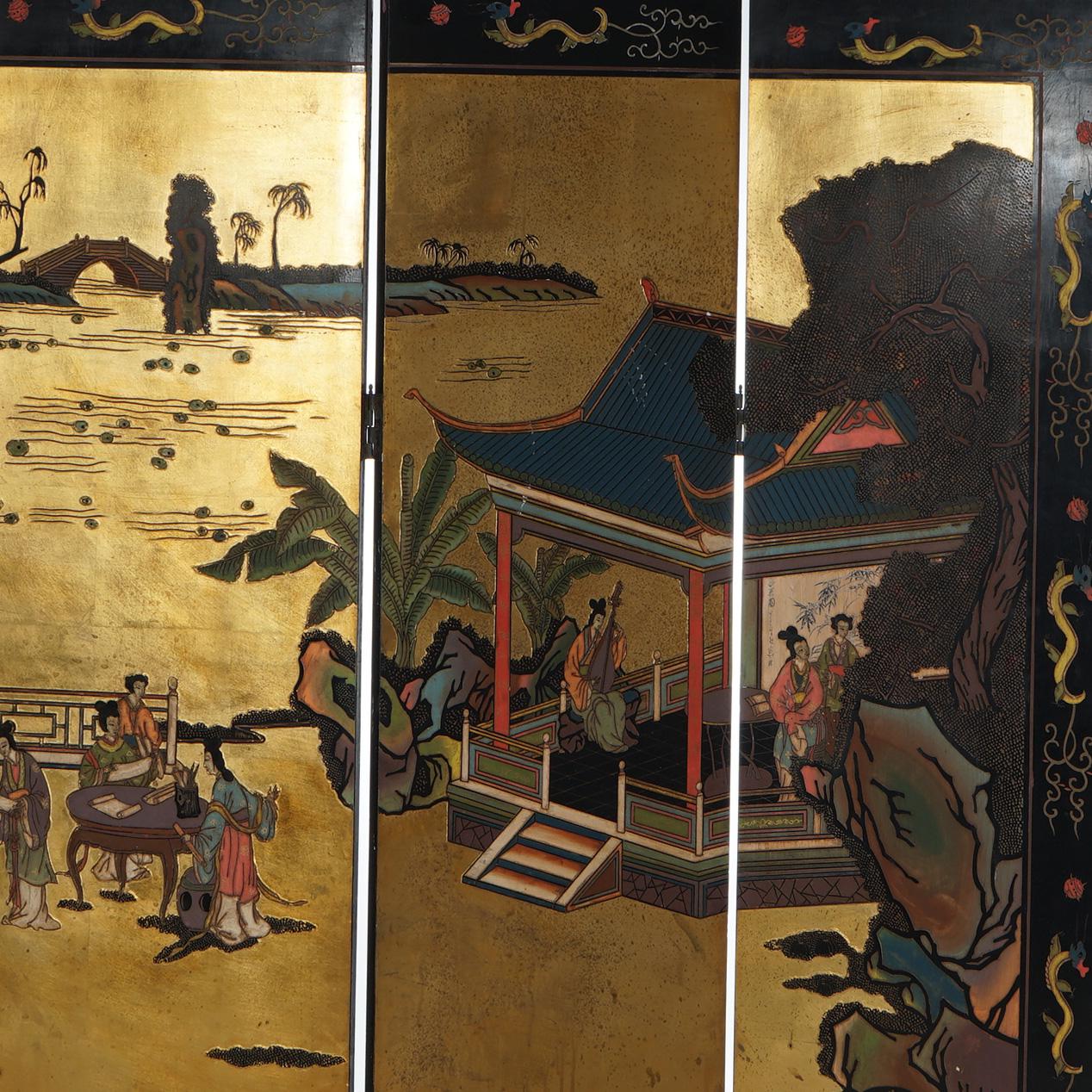 Antique Japanese Ebonized & Gilt Chinoiserie Decorated Six-Panel Screen c1920 In Good Condition For Sale In Big Flats, NY