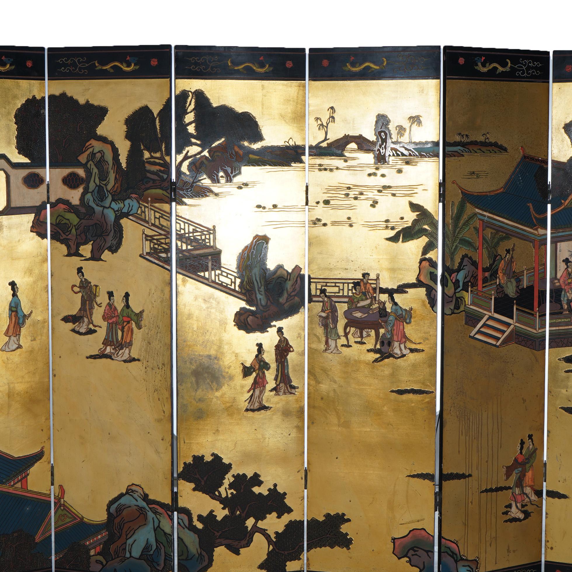 Antiker japanischer ebonisierter und vergoldeter Chinoiserie-Raumteiler mit sechs Paneelen, um 1920 im Zustand „Gut“ im Angebot in Big Flats, NY