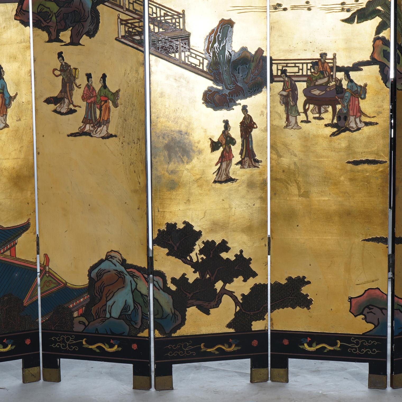 Antiker japanischer ebonisierter und vergoldeter Chinoiserie-Raumteiler mit sechs Paneelen, um 1920 (20. Jahrhundert) im Angebot