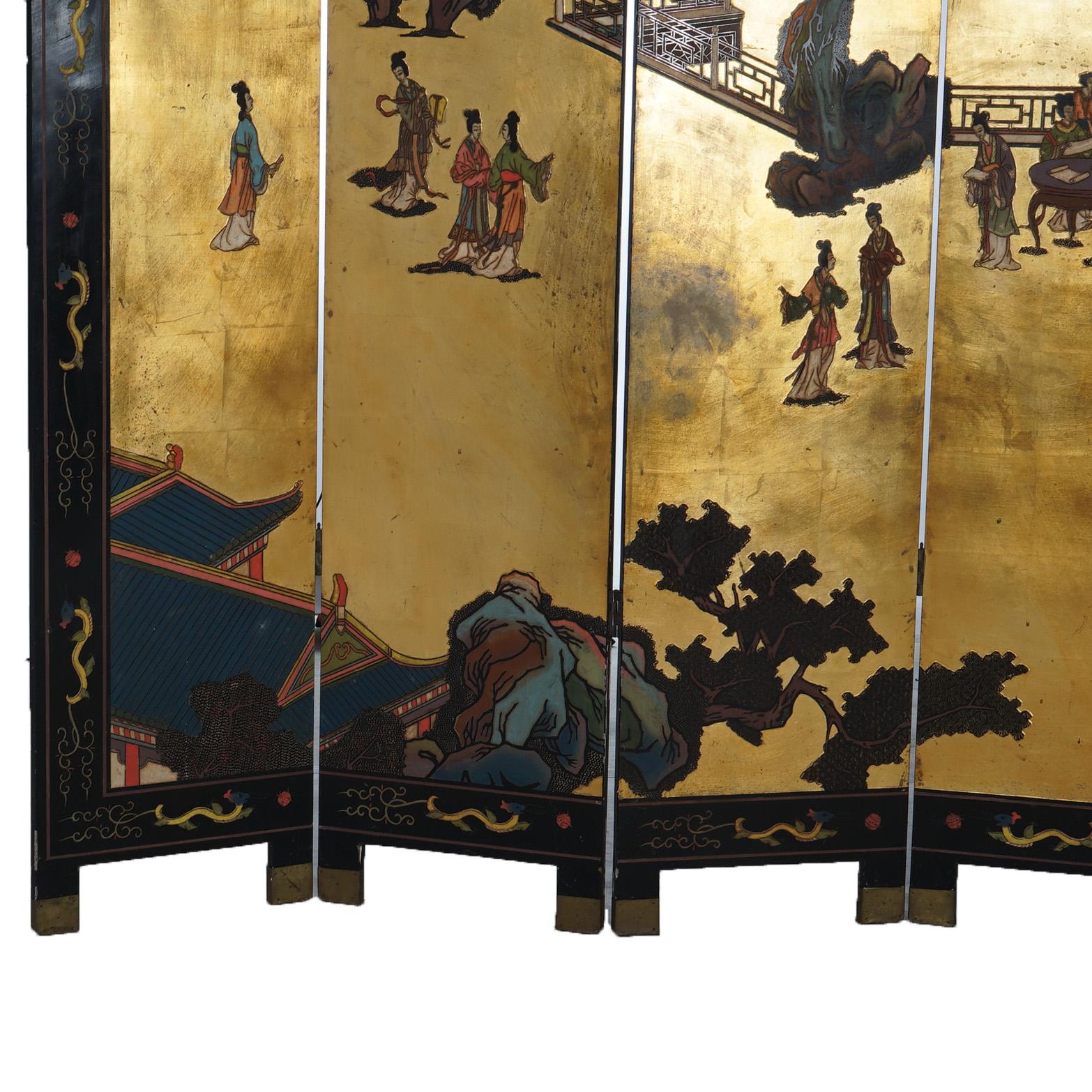 Antiker japanischer ebonisierter und vergoldeter Chinoiserie-Raumteiler mit sechs Paneelen, um 1920 (Holz) im Angebot