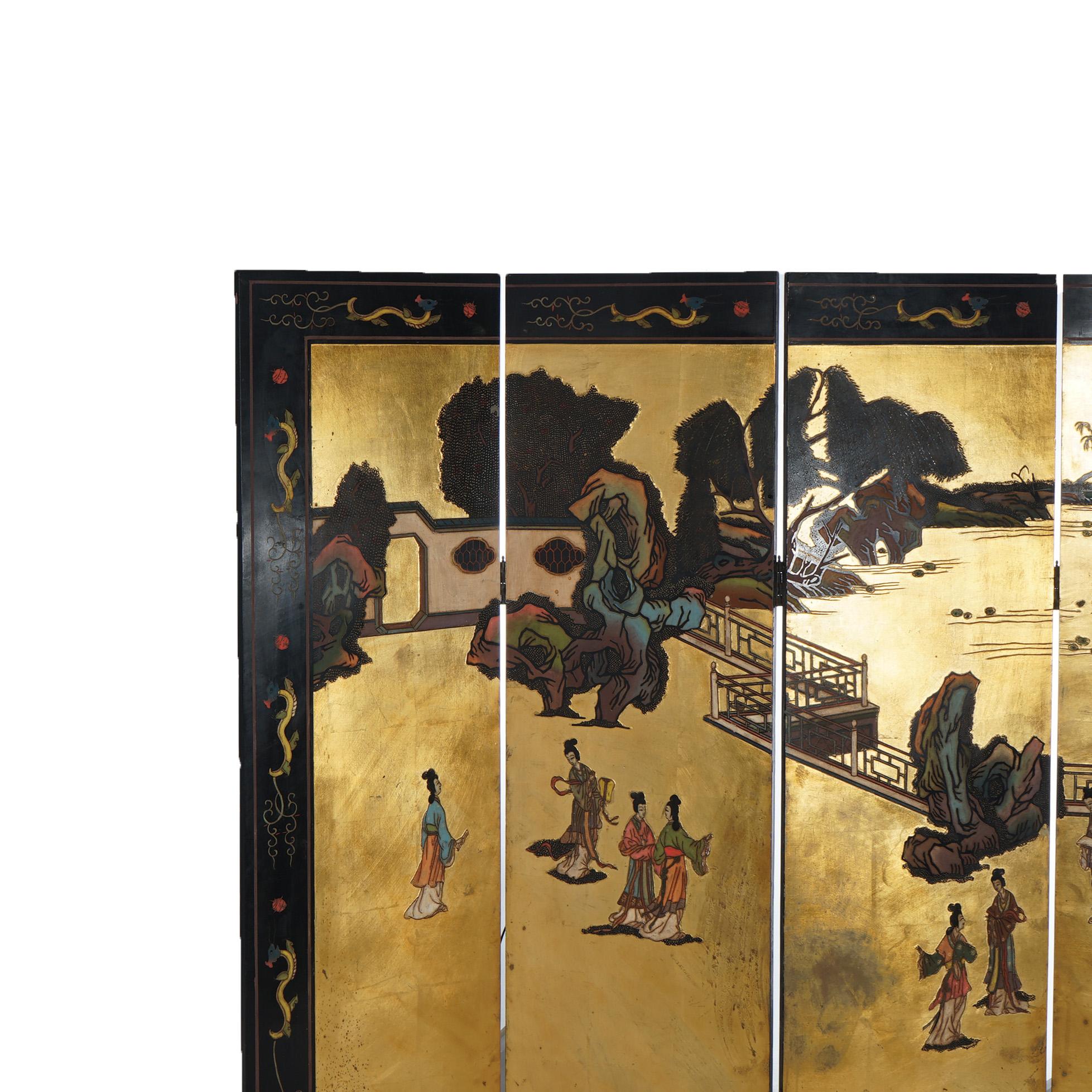 Antiker japanischer ebonisierter und vergoldeter Chinoiserie-Raumteiler mit sechs Paneelen, um 1920 im Angebot 1