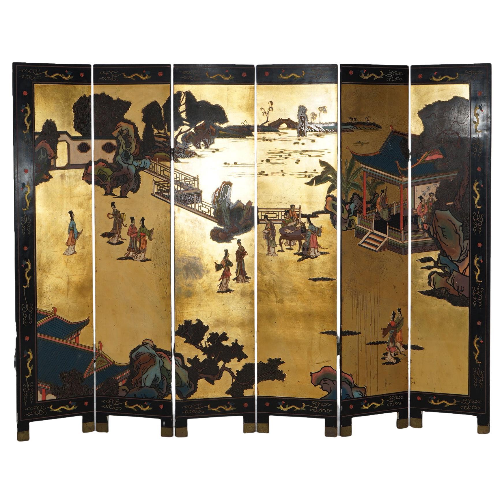 Antique Japanese Ebonized & Gilt Chinoiserie Decorated Six-Panel Screen c1920