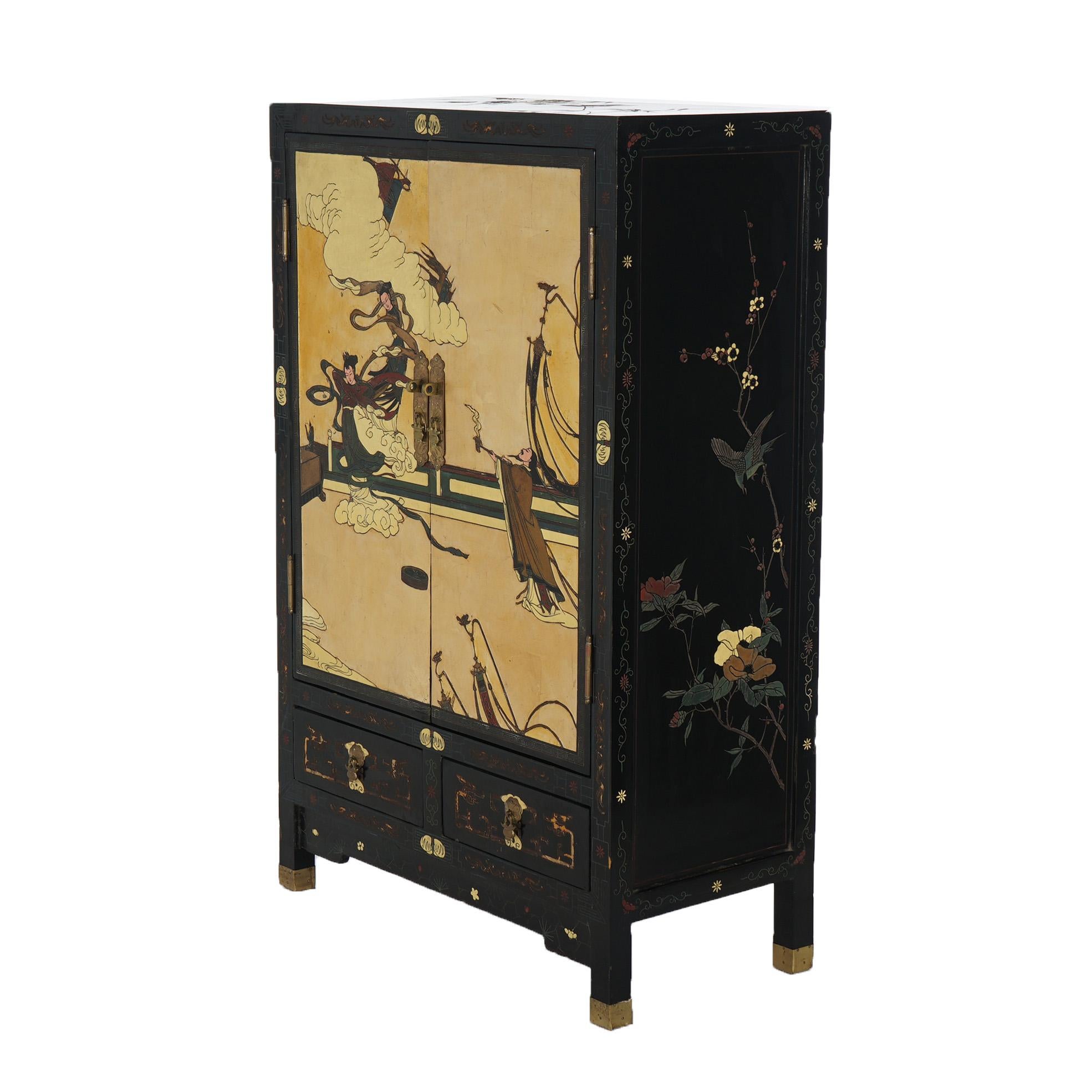 ***Ask About Reduced In-House Delivery Rates - Reliable Professional Service & Fully Insured***
Antique Japanese Ebonized & Gilt Chinoiserie Decorated Tea Cabinet with Genre Scene with Dancing Young Women and Floral Elements, Raised on Straight &