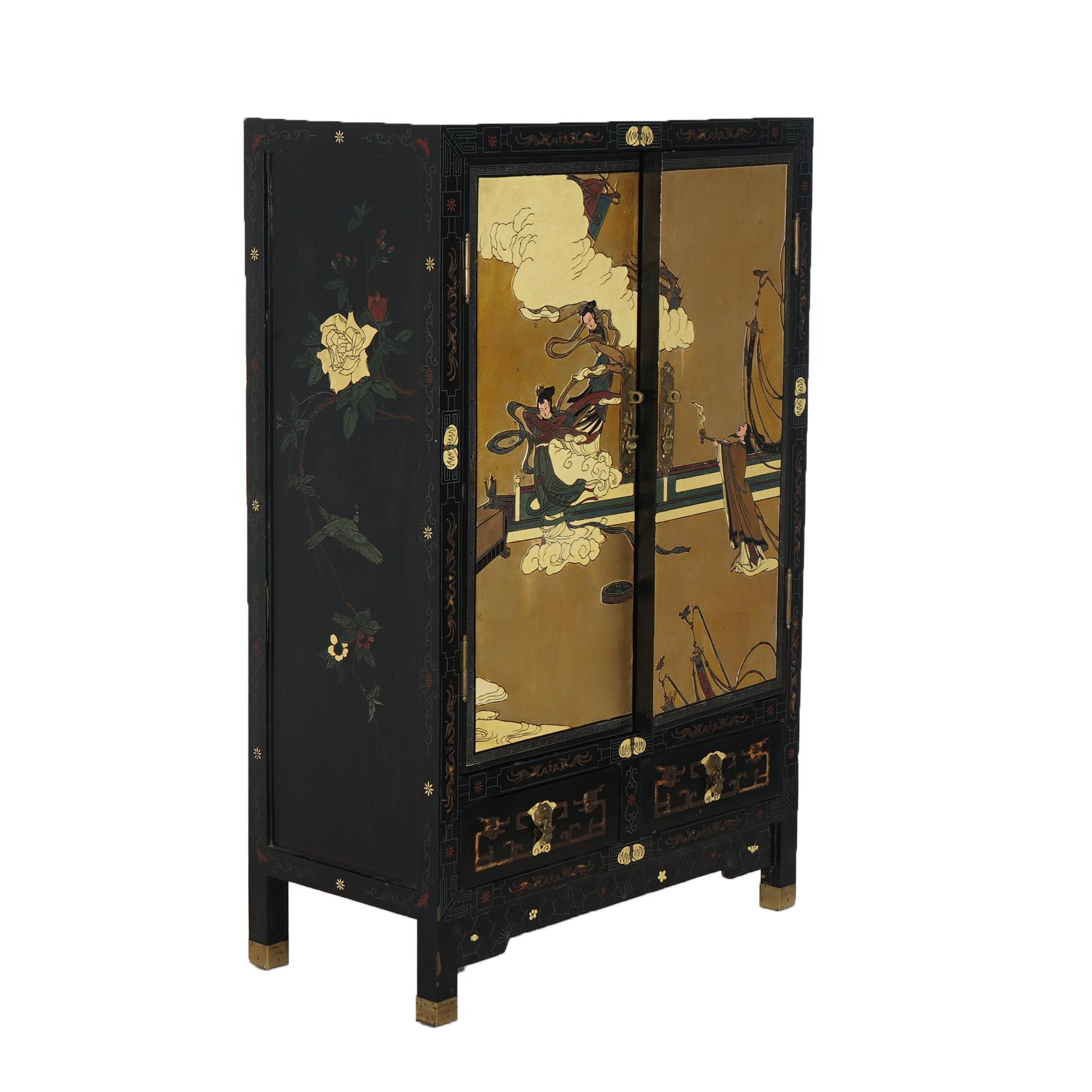Asian Antique Japanese Ebonized & Gilt Chinoiserie Decorated Tea Cabinet C1920 For Sale