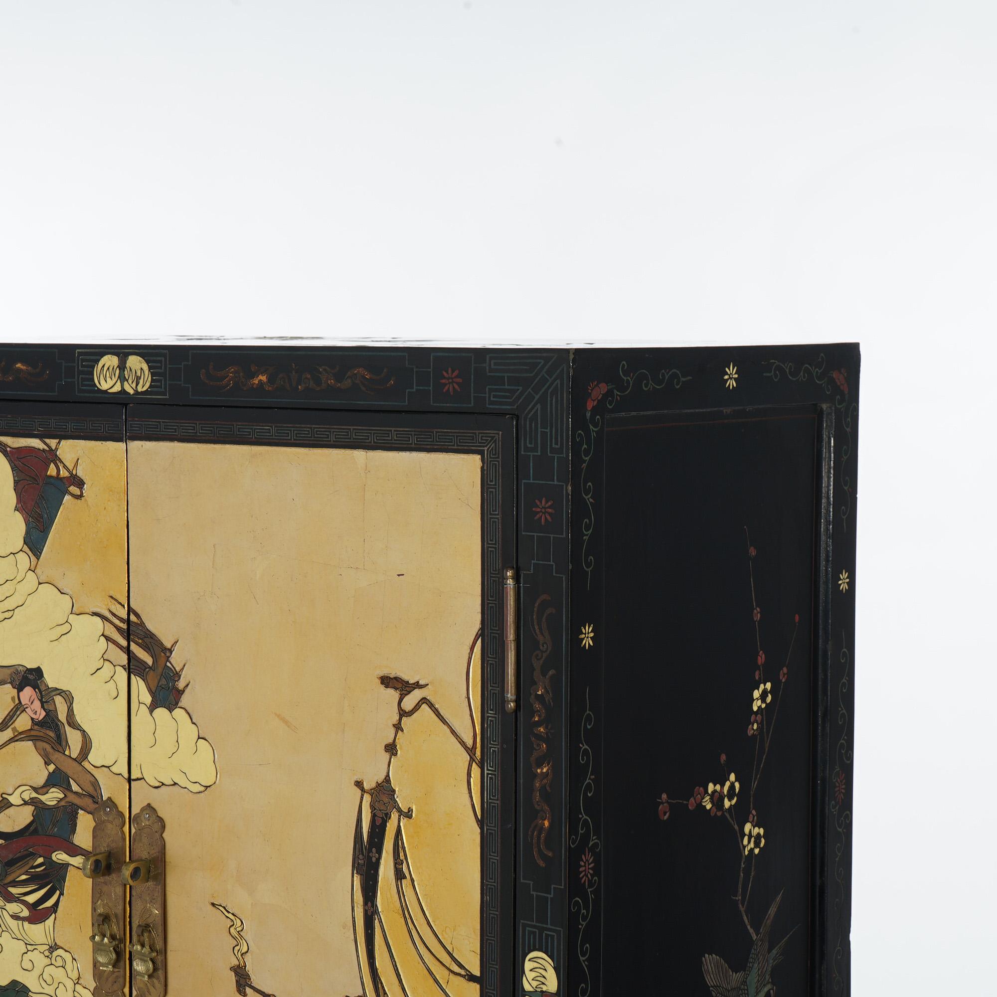 20th Century Antique Japanese Ebonized & Gilt Chinoiserie Decorated Tea Cabinet C1920