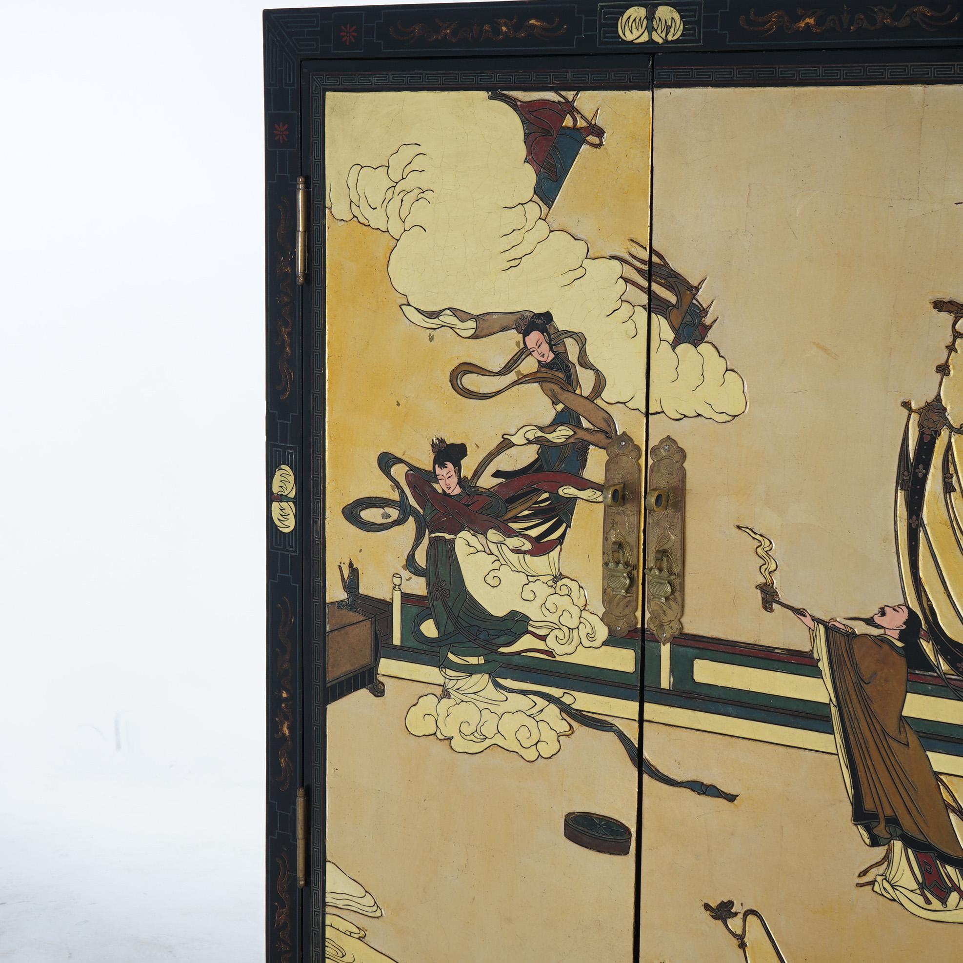Wood Antique Japanese Ebonized & Gilt Chinoiserie Decorated Tea Cabinet C1920