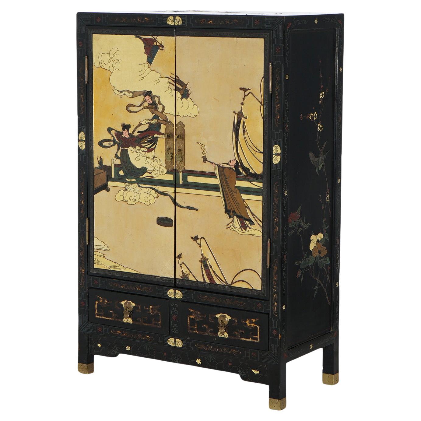 Antique Japanese Ebonized & Gilt Chinoiserie Decorated Tea Cabinet C1920 For Sale