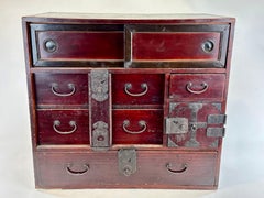 Antique Japanese Edo Era (c 1860) Bodansu Personal Tansu Red Lacquer 24"W