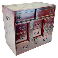 Antique Japanese Edo Era (c 1860) Bodansu Personal Tansu Red Lacquer 24"W