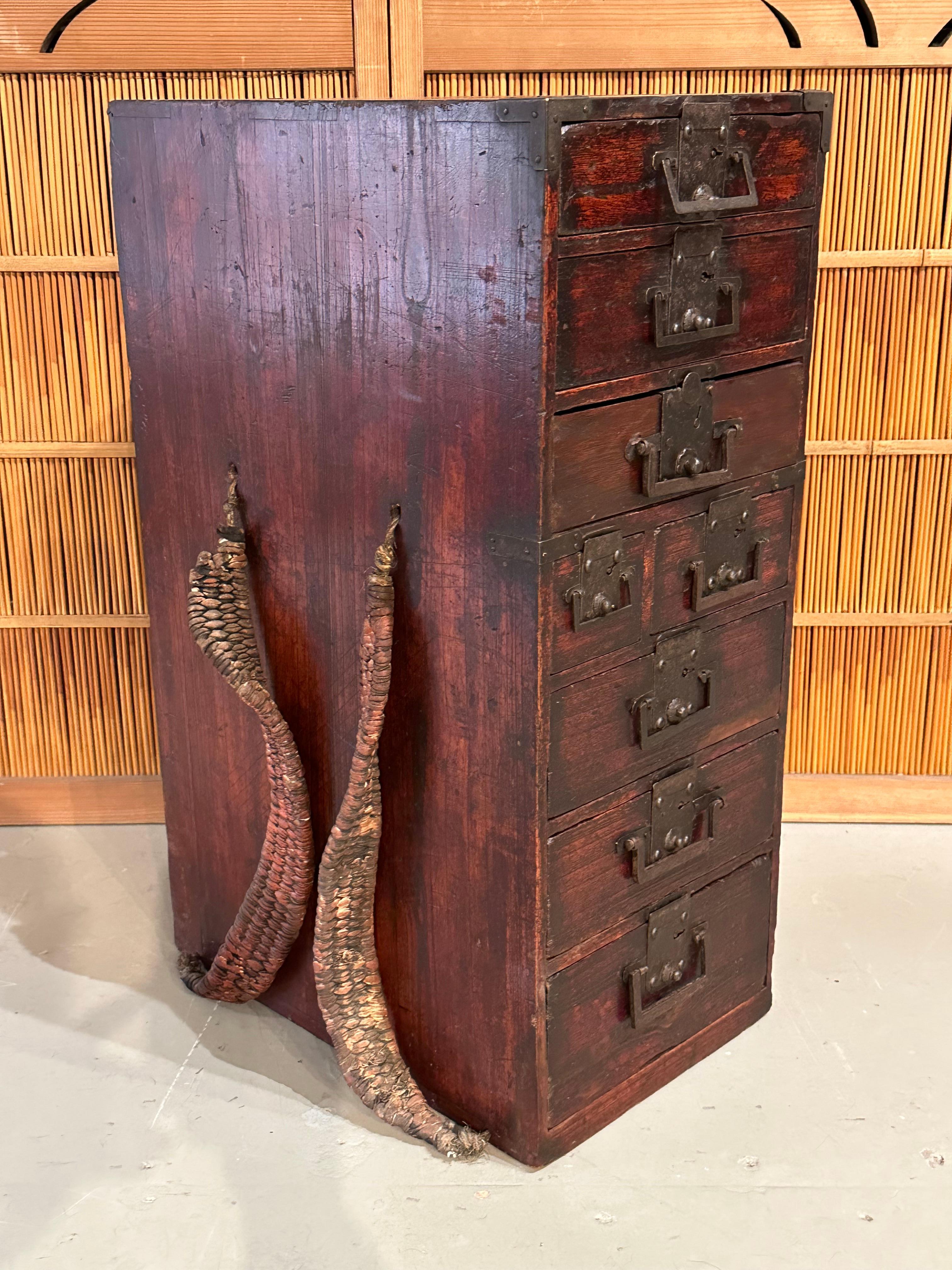 Available from Shogun's Gallery in Portland, Oregon for Over 40 Years Specializing in Asian Arts & Antiques.

This tansu is around 200 year old. It is an antique Japanese gyoshobako-dansu (peddler's chest) from the mid/late Edo Era (c. 1820). It was