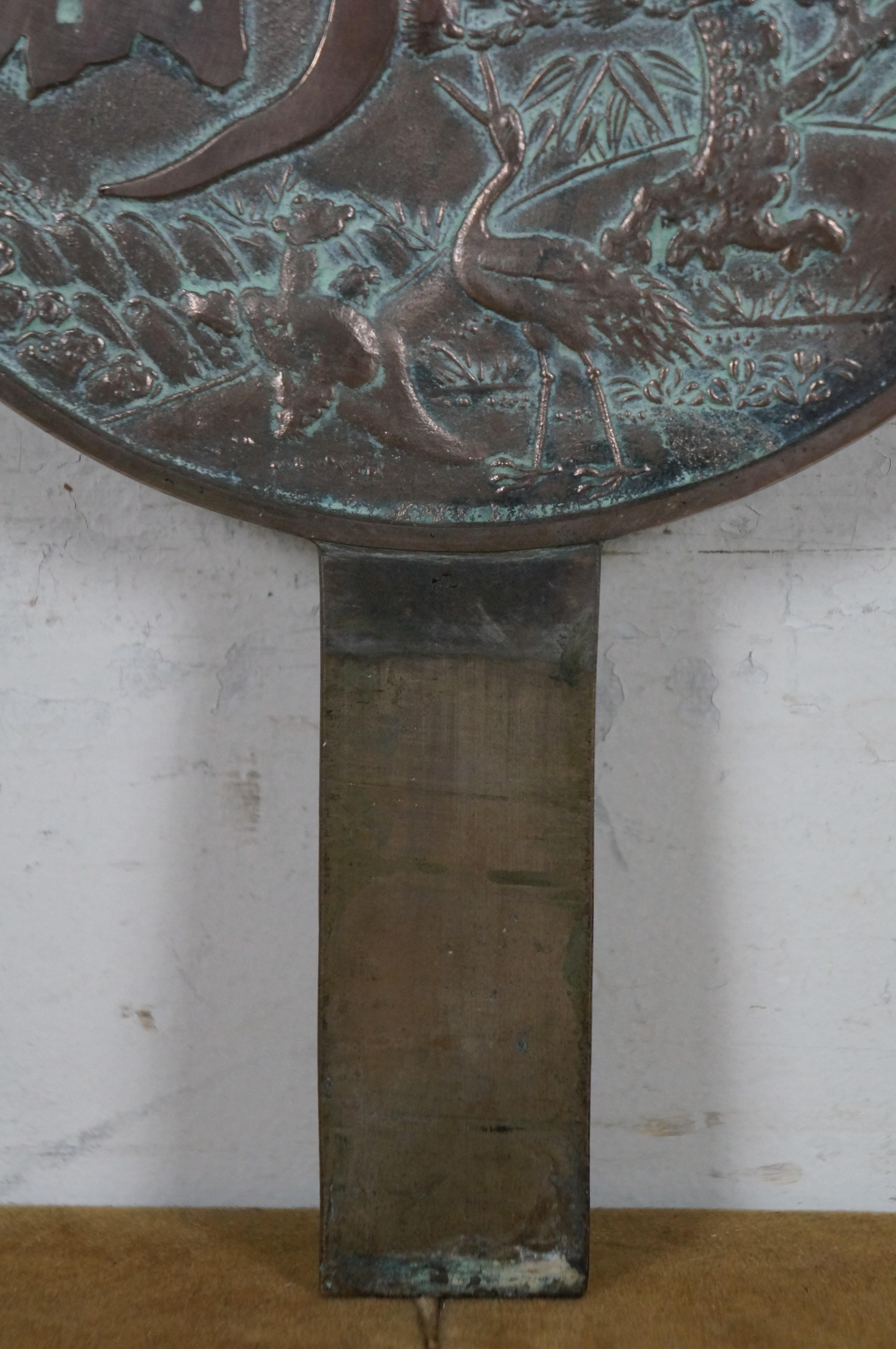 Antique Japanese Edo Period Kagami Bronze Hand Mirror Cranes Gnarled Pine 11