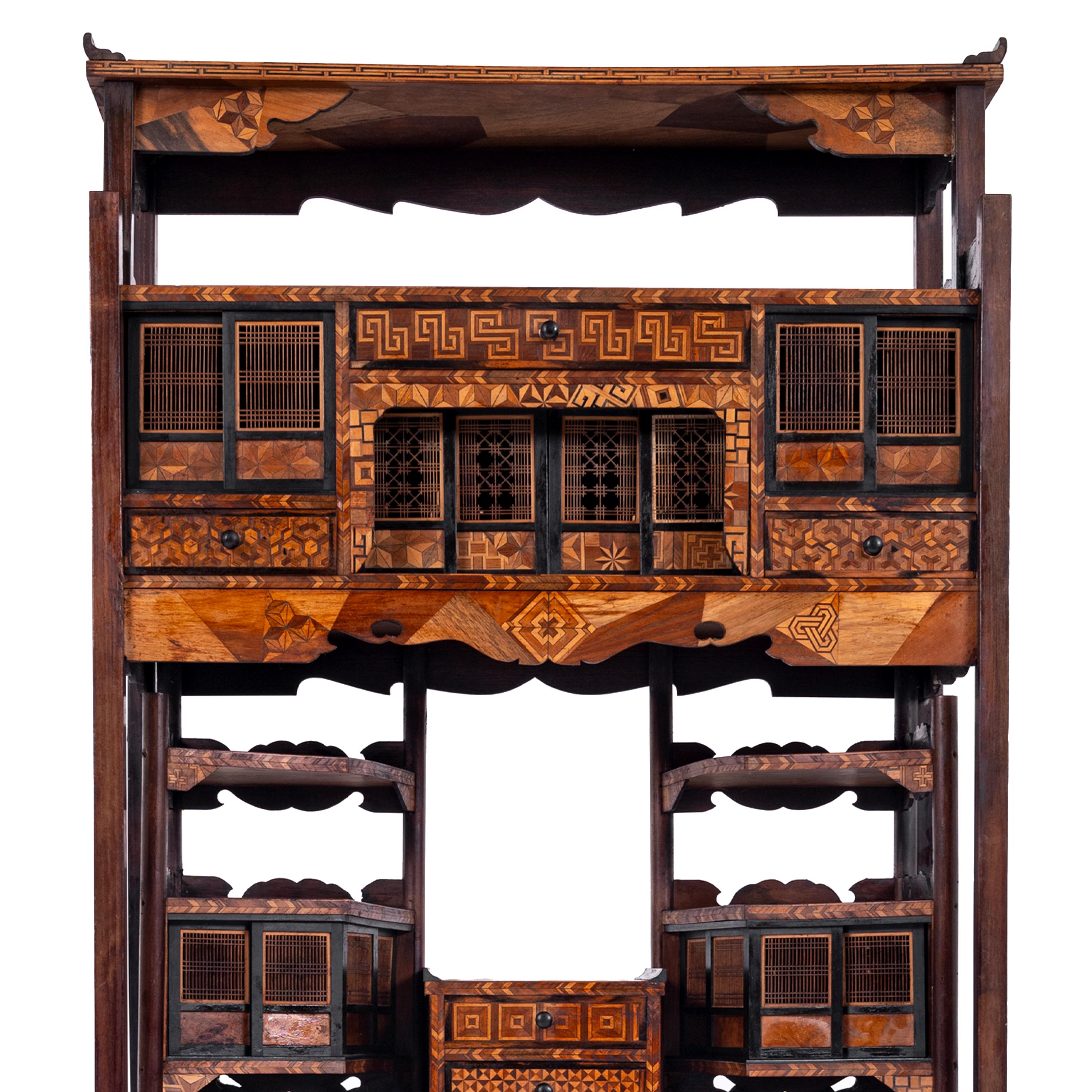 Antique Japanese Elm Keyaki Meiji Period Marquetry Shadona Cabinet Etagere, 1880 7