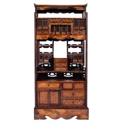 Antique Japanese Elm Keyaki Meiji Period Marquetry Shadona Cabinet Etagere, 1880