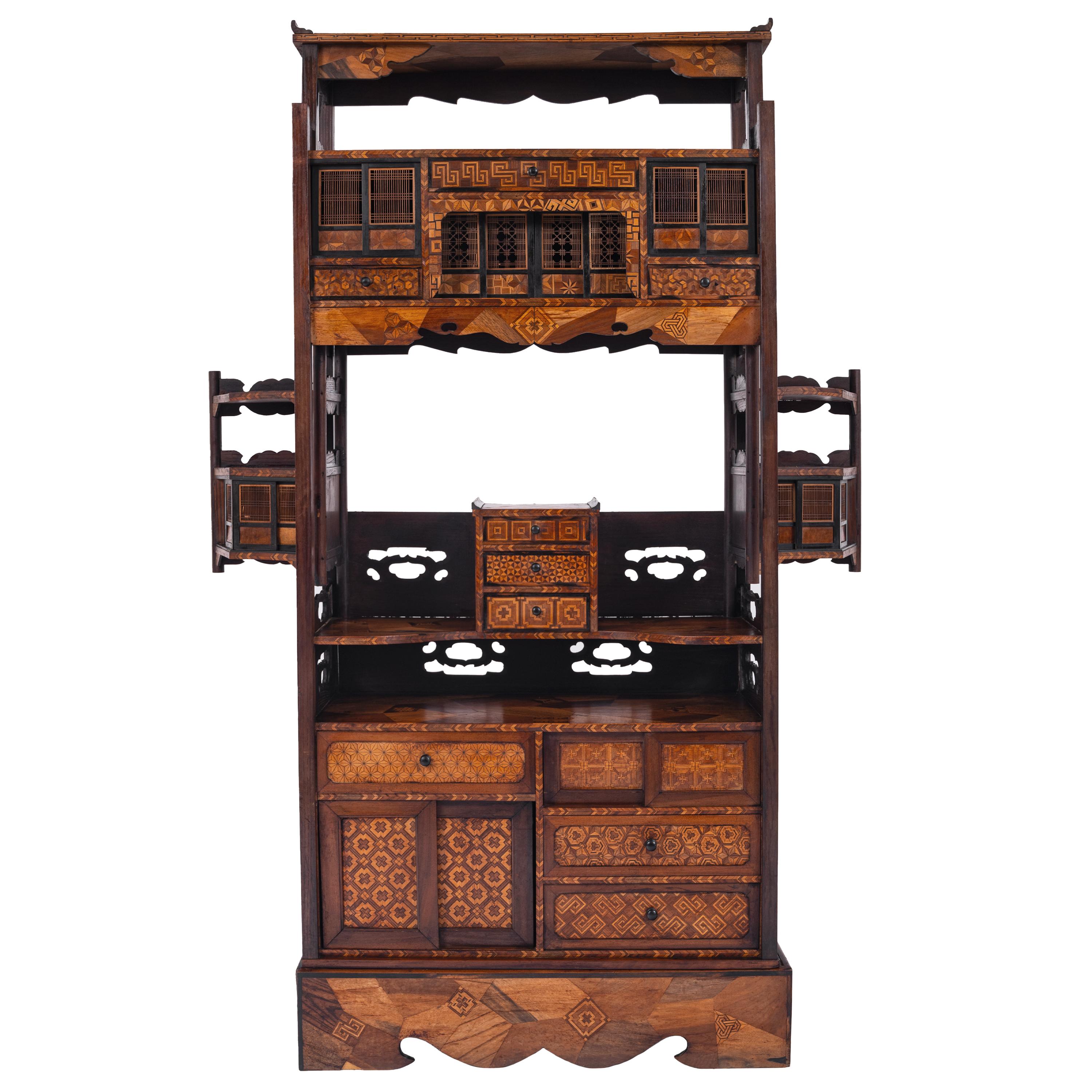 Antique Japanese Elm Keyaki Meiji Period Marquetry Shadona Cabinet Etagere, 1880 In Good Condition In Portland, OR