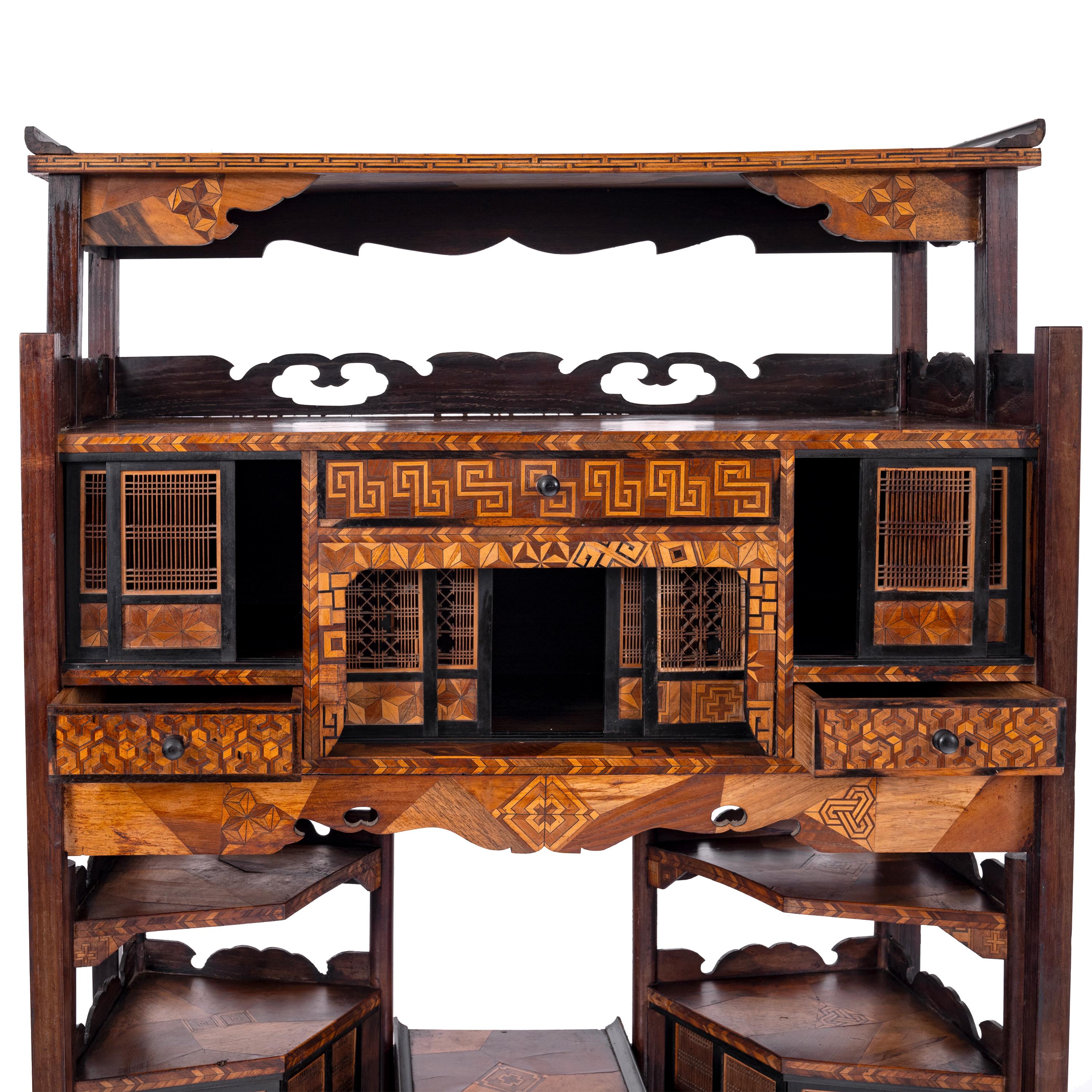 Antique Japanese Elm Keyaki Meiji Period Marquetry Shadona Cabinet Etagere, 1880 2