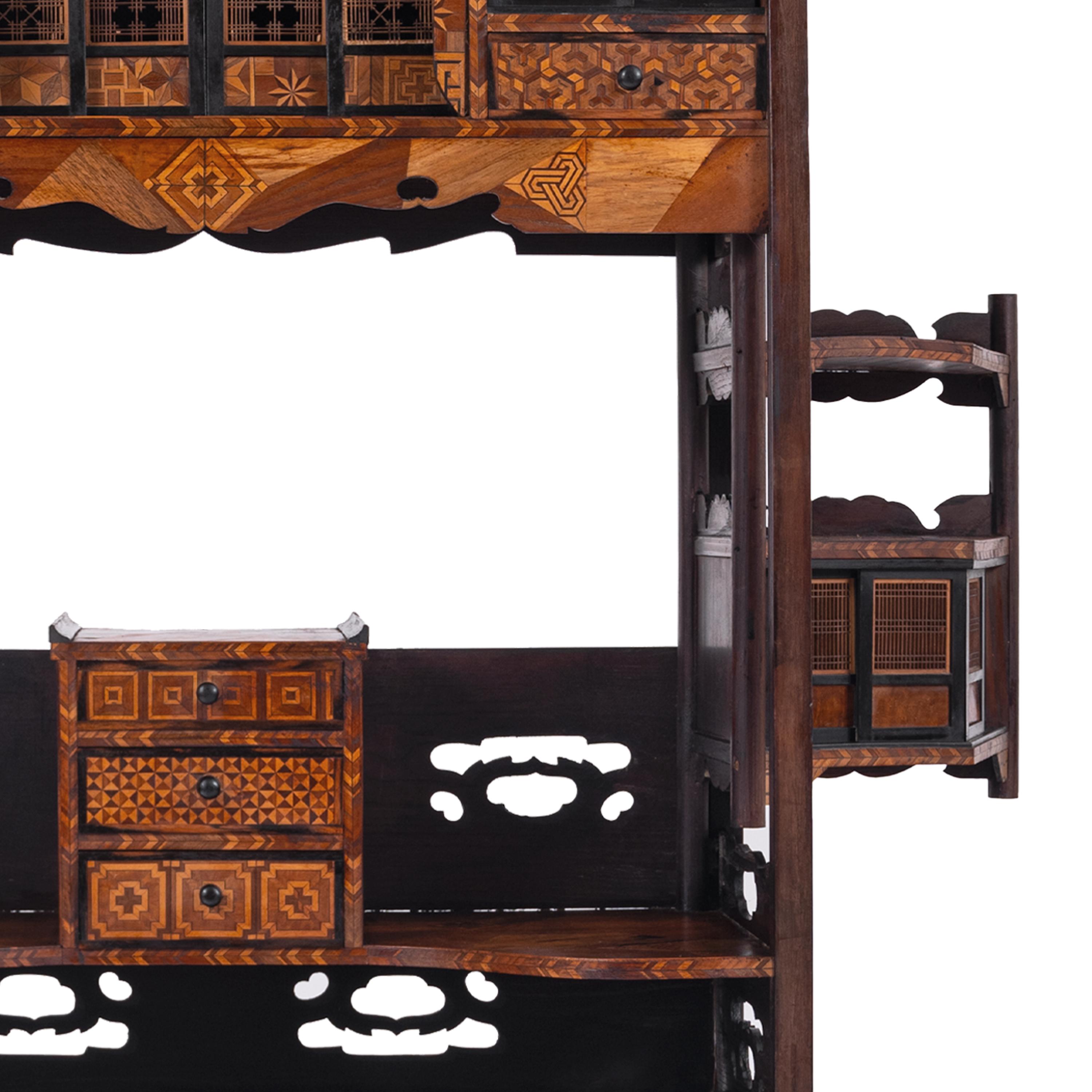 Antique Japanese Elm Keyaki Meiji Period Marquetry Shadona Cabinet Etagere, 1880 4
