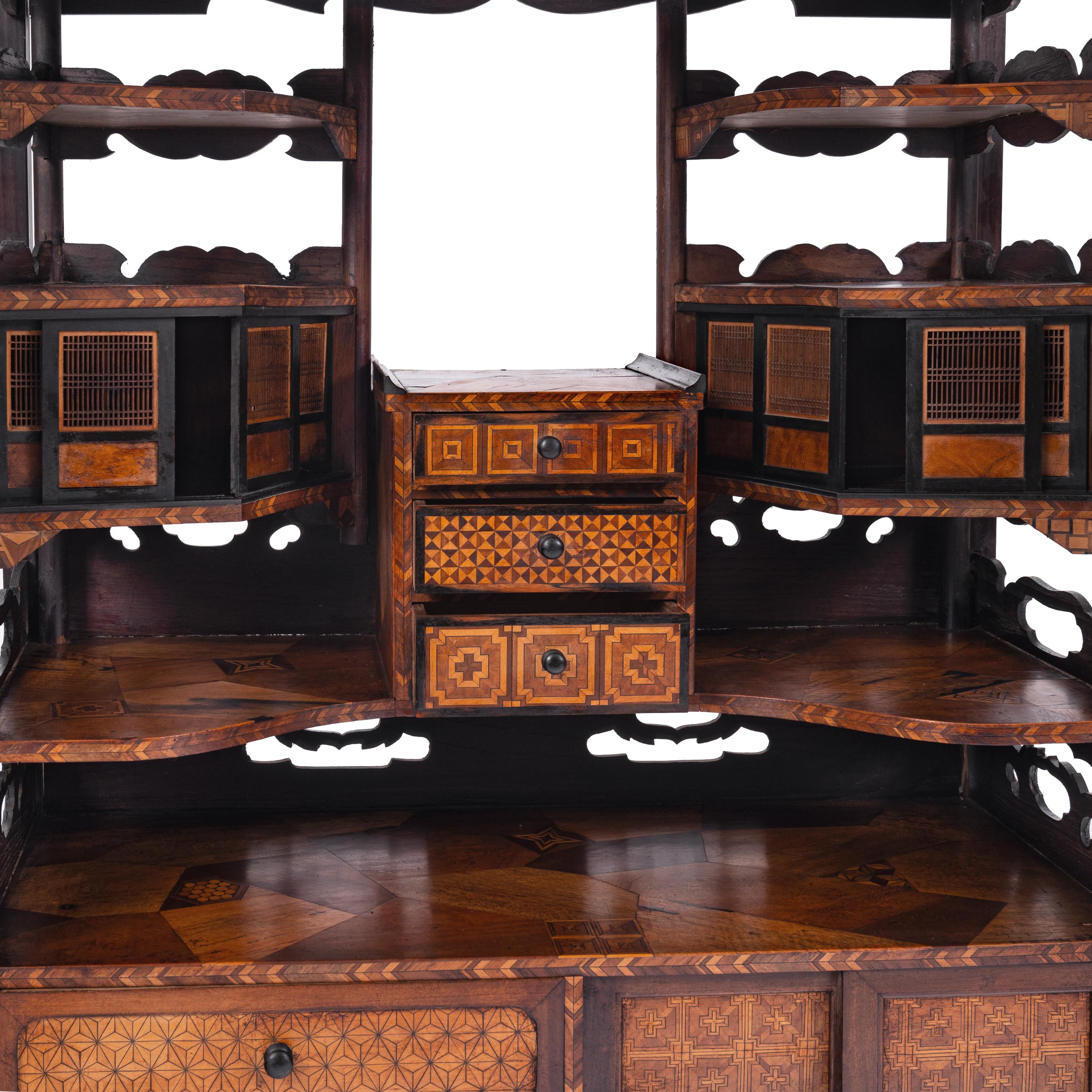 Antique Japanese Elm Keyaki Meiji Period Marquetry Shadona Cabinet Etagere, 1880 5